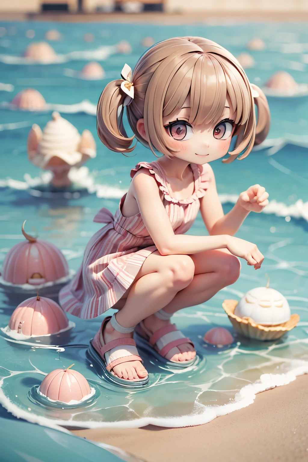 Photoreal、whole body、chibi girl、Seashell Accessories、smile、cute shoes、Picking up shells