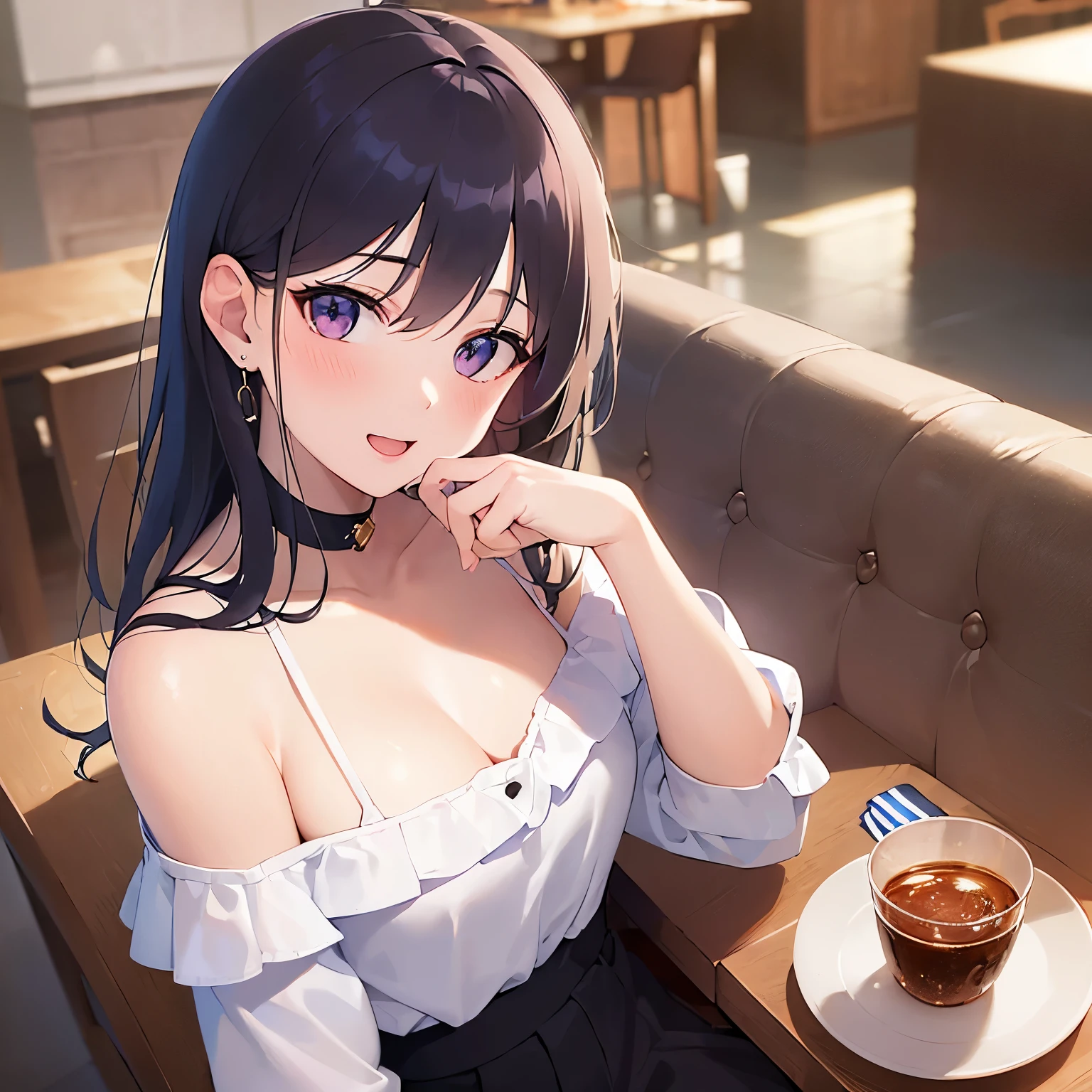 (white off shoulder blouse:1.5), covering mouth with hand、looking up, shooting from above、Biologically correct five fingers、Upper Body, Realistic, real person, (pale skin: 1.2), RAW photo, photorealistic, portrait photography, shiny skin, japanese idol、shiny hair、(25 year old woman with straight medium hair with bangs) and (black hair) and (purple eyes) , smile, open mouth, (blush:1.3), The background is the interior of the cafe.、Alone、sitting