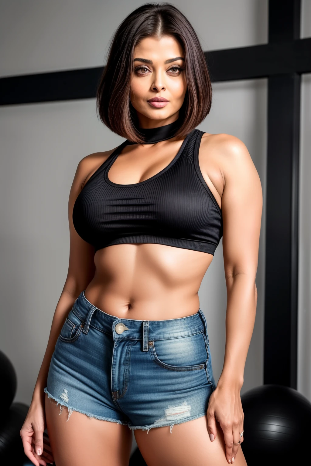 45YO MATURE MILF Aishwarya rai as fitness model, black denim shorts, thigh high boots, red knotted crop top, navel out, posing in boys gym, day scene, mature hourglass figure, look at camera and tease, ((bob cut hair)), sexy 45yo MILF, soft volumetric lights, intricate details, (ArtStation:1.2)
