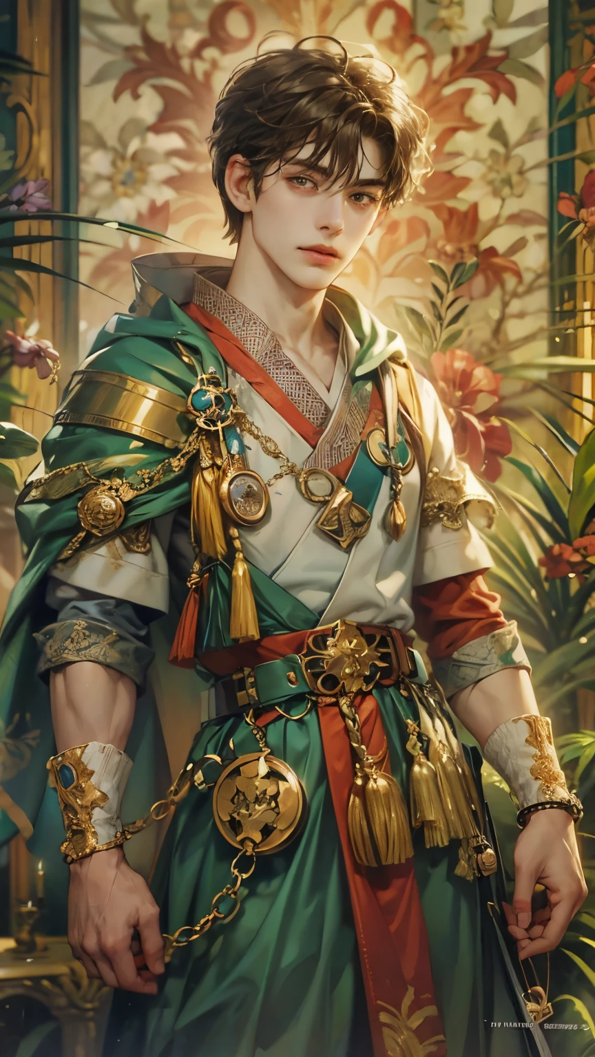 (absurdres, highres, ultra detailed, HDR), masterpiece, intricate details, best quality close-up picture of King perseus in his younger age with a perfect face, smirks, a boy with handsome looks, cool royale outfit, short hair, anime eyes, matured teen, fantastic outfit showing chest, crop top, detailed Philippines interiors, window beach scenery, detailed character, art kenouji