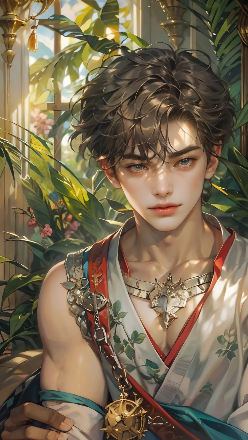 (absurdres, highres, ultra detailed, HDR), masterpiece, intricate details, best quality close-up picture of King perseus in his younger age with a perfect face, smirks, a boy with handsome looks, cool royale outfit, short hair, anime eyes, matured teen, fantastic outfit showing chest, crop top, detailed Philippines interiors, window beach scenery, detailed character, art kenouji