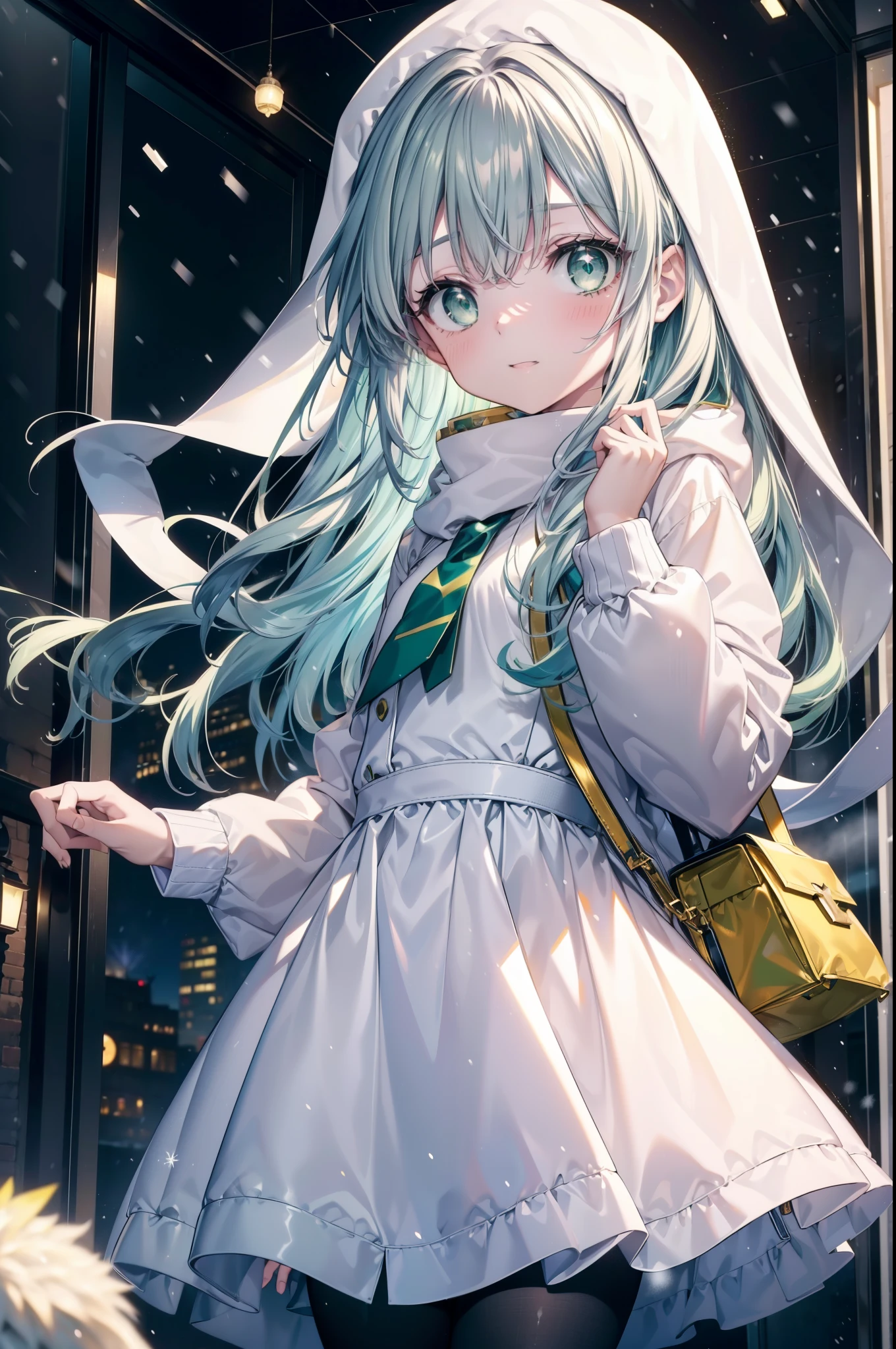 index, index, (green eyes:1.5), silver hair, long hair, (flat chest:1.2),Cat ear,cat tail,blush,smile,open your mouth,gray handbag,yellow long coat, white hoodie, black long skirt,black pantyhose,Mini Boots,winter,night,cold sky,snow is scattered,It&#39;s snowing,background　big christmas tree,
break looking at viewer, Upper body, whole body,
break indoors, In town,building street,
break (masterpiece:1.2), highest quality, High resolution, unity 8k wallpaper, (figure:0.8), (detailed and beautiful eyes:1.6), highly detailed face, perfect lighting, Very detailed CG, (perfect hands, perfect anatomy),