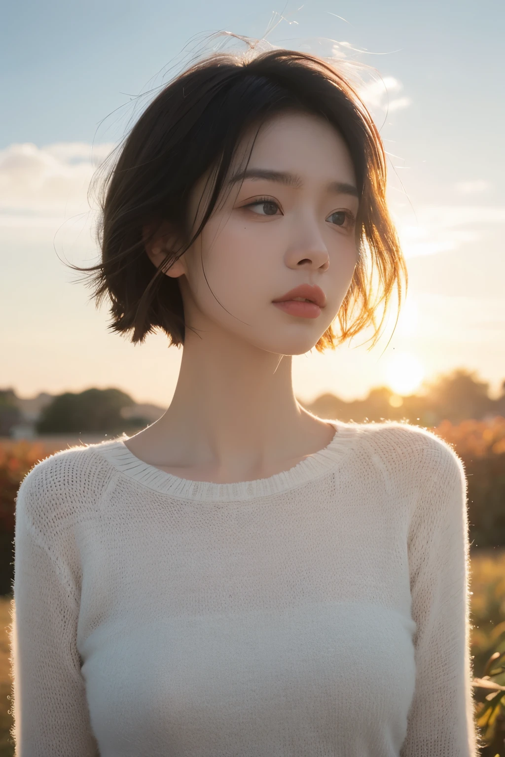 upper body, panorama, 
on grass, autumn,
sunset, dappled sunlight, subdued lighting effect:1.2, backlighting, lens flare, blurry background, pastel colors,
A short-haired girl, sad, floating hair,
masterpiece, best quality, realistic, raw photo, detailed face