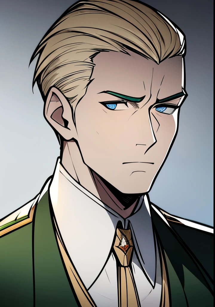 Young Adult male, white and tender skin, pale blonde slicked back combed short hair, kaisermustache, ducktail beard, steel blue eyes, green and slightly mature, serious and emotionless facial expression,wearing world war 2 era german fatigues, portrait style, facing forwards