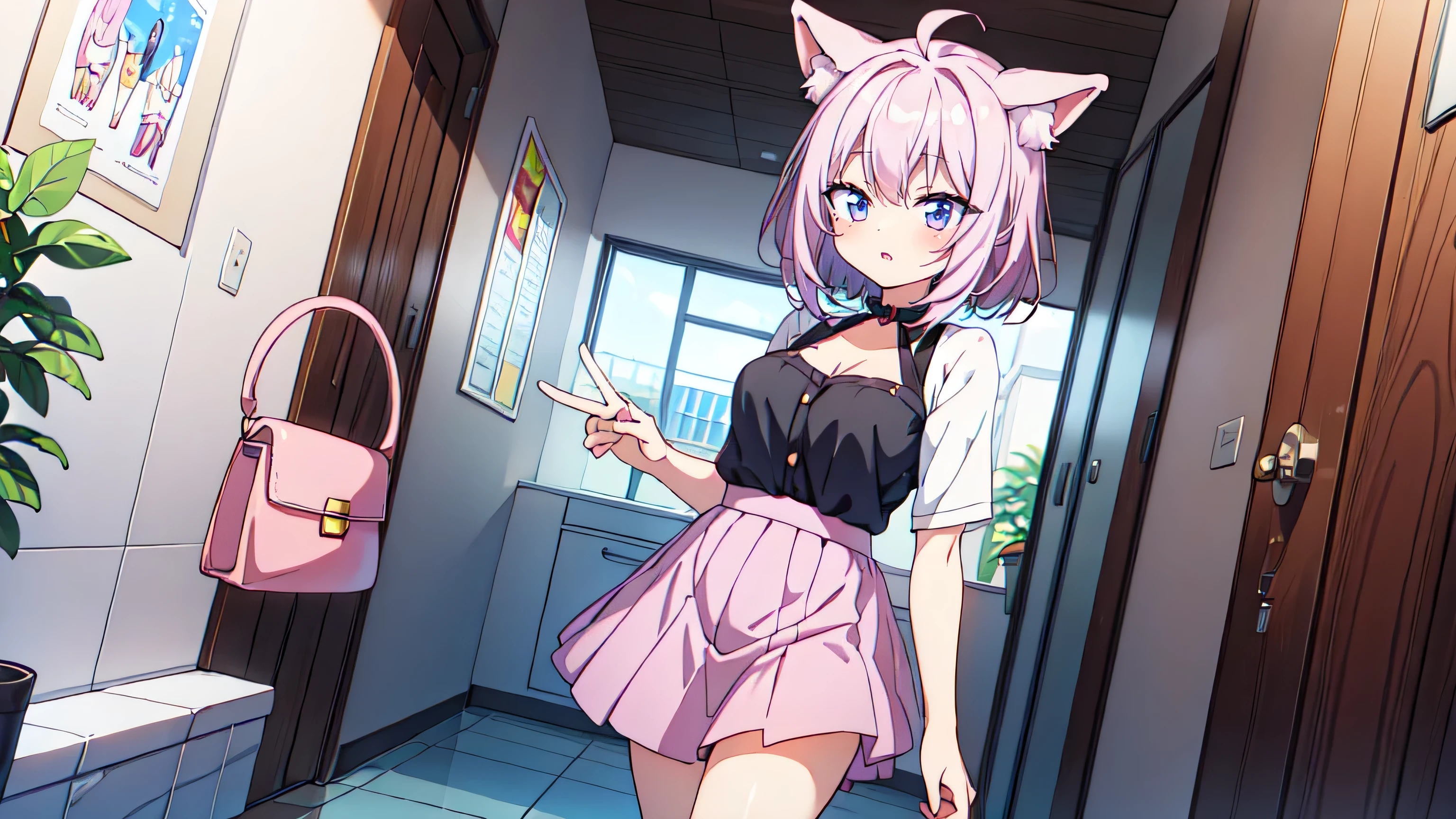 there is a drawing of a woman, pink prom dress, zerochan art, cute anime waifu, zerochan, foxgirl, ((short black hair)), standing up, hands behind back, ((pink skirt))