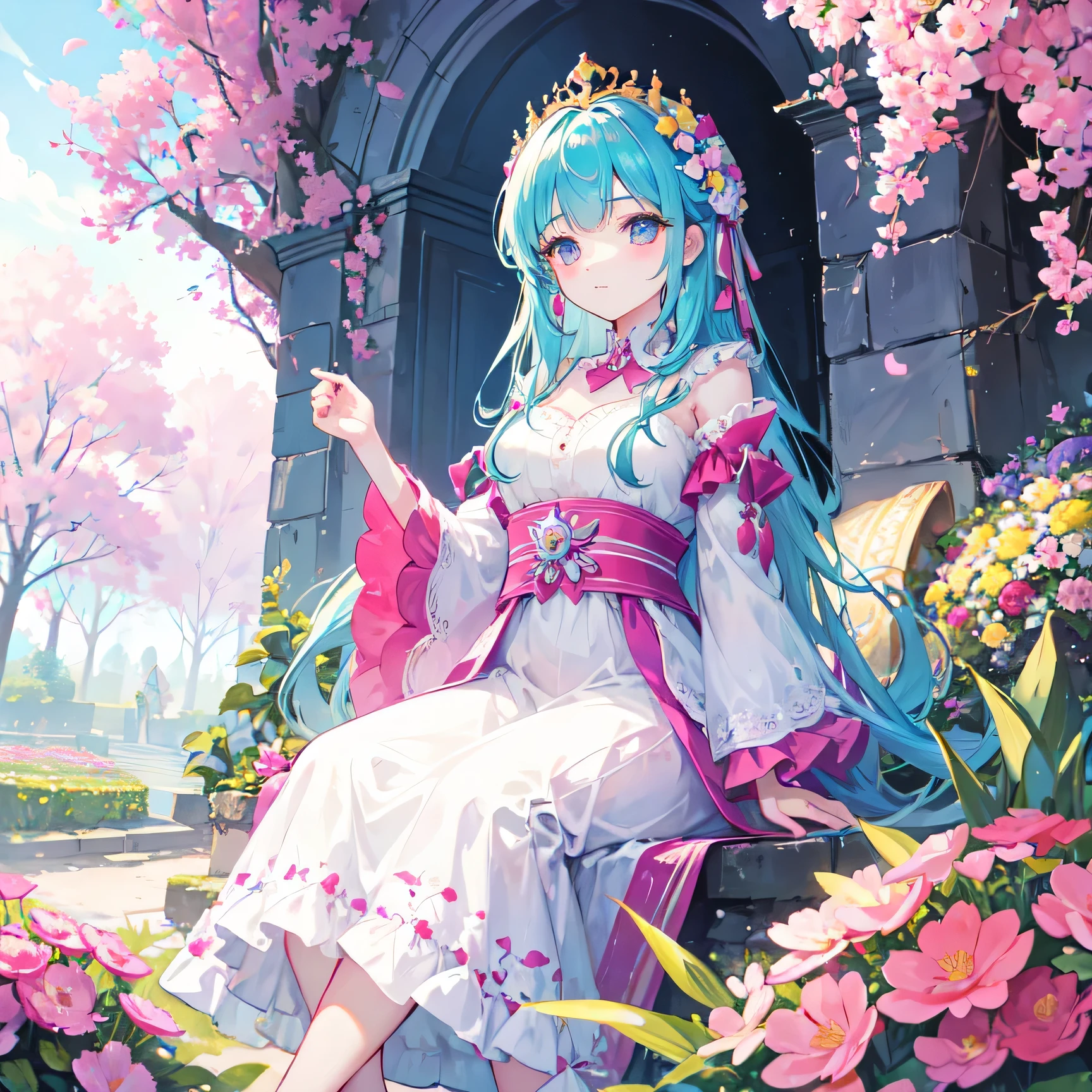 Beautiful princess seen sitting among the pleasant and colorful flowers in the palace gardens.
