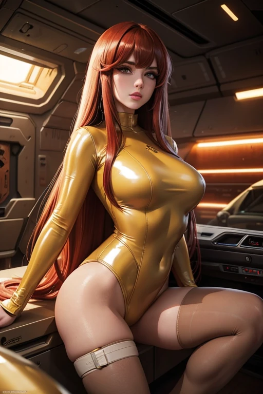 Best quality, 8K, woman sci fi retro, beautiful and detailed face, red straight long hair, bangs,big eyelashes,LOOKING TO observer,beige LATEX leotard, beige TAN pantyhose, ,sci-fi RETRO SPACESHIP scenario