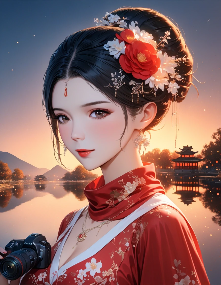 best quality, masterpiece, high resolution, 1 girl, dusk landscape,Chinese pond background, red scarf, hair accessories,necklace, jewelry,pretty face,above_Body, Tyndall effect,lifelike, dark studio, edge lighting, two color lights,(High detail skin:1.2), 8K uhd, DSLR camera, soft light, high quality, Volumetric lighting, frank, photo, High resolution, 4K, 8K, Bokeh,girl in red dress