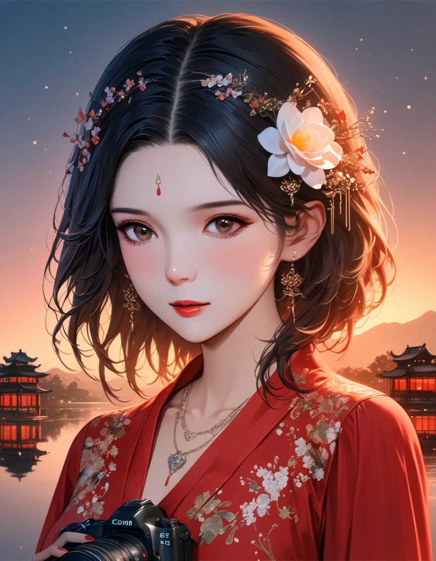best quality, masterpiece, high resolution, 1 girl, dusk landscape,Chinese pond background, red scarf, hair accessories,necklace, jewelry,pretty face,above_Body, Tyndall effect,lifelike, dark studio, edge lighting, two color lights,(High detail skin:1.2), 8K uhd, DSLR camera, soft light, high quality, Volumetric lighting, frank, photo, High resolution, 4K, 8K, Bokeh,girl in red dress