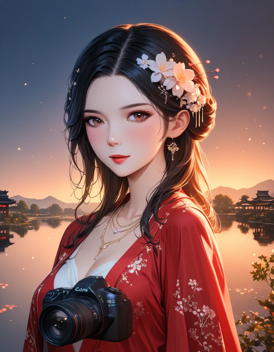 best quality, masterpiece, high resolution, 1 girl, dusk landscape,Chinese pond background, red scarf, hair accessories,necklace, jewelry,pretty face,above_Body, Tyndall effect,lifelike, dark studio, edge lighting, two color lights,(High detail skin:1.2), 8K uhd, DSLR camera, soft light, high quality, Volumetric lighting, frank, photo, High resolution, 4K, 8K, Bokeh,girl in red dress