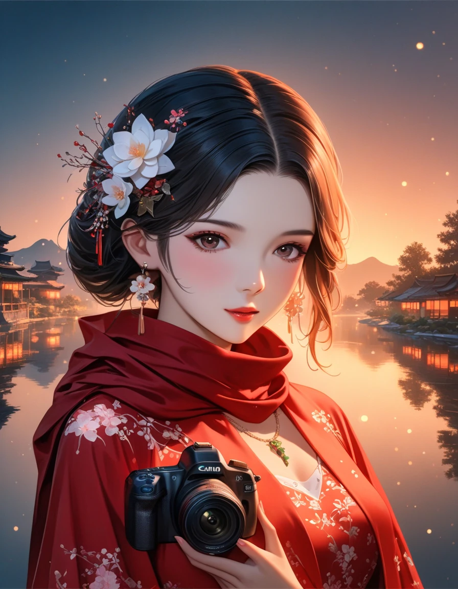 dusk landscape, sunset，pond，Put your arms by your sides, portrait, close up, looking at camera, best quality, Upper body, shirt, pond里的女人, Erica Campbell, Nikon d850 film stock photo 4 Kodak 400 camera f1.6 lenses rich colors ultra realistic textures natural light popular on artstation cinestill 800, (100mm lens), long hair
