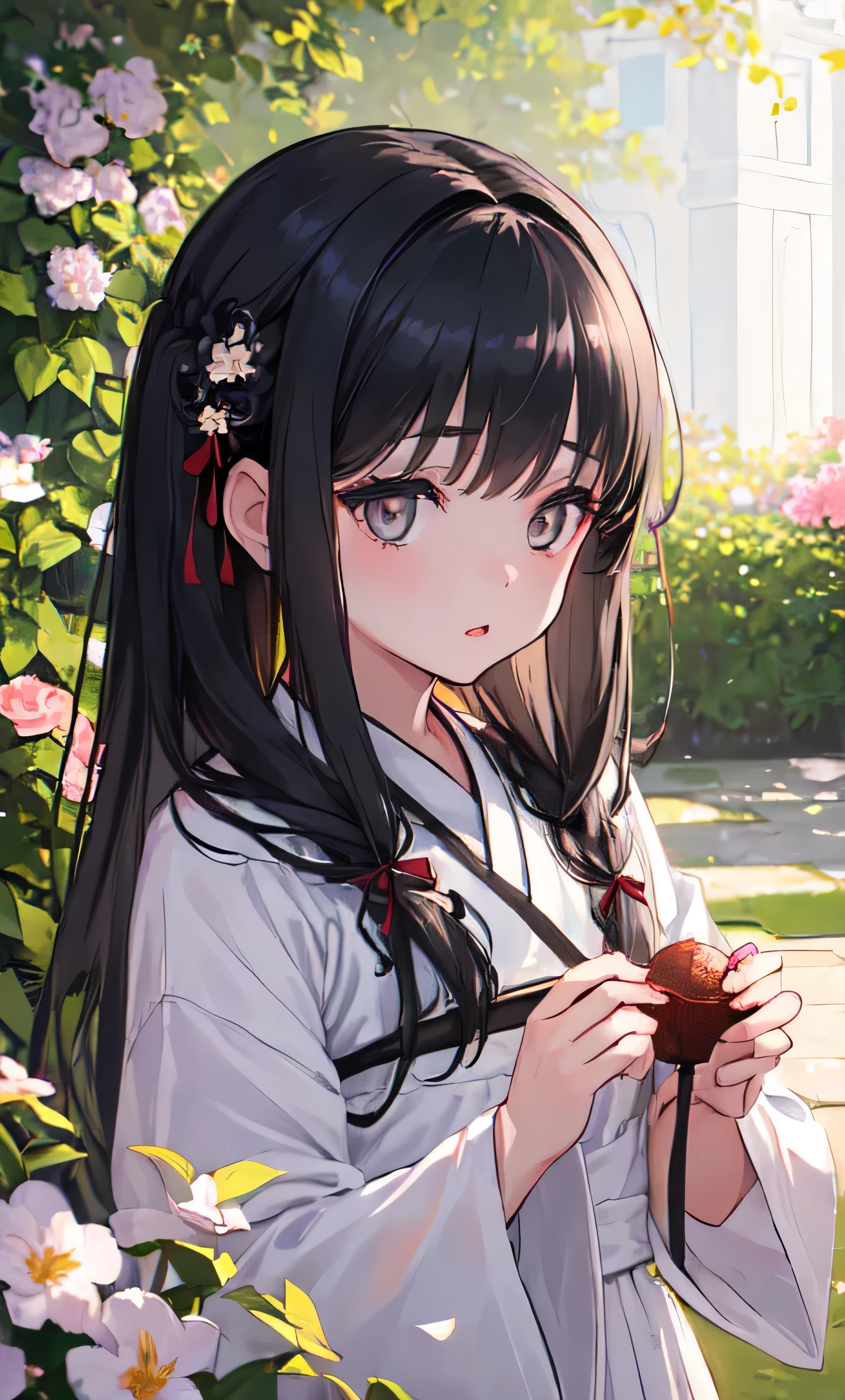 (little girl: 1.5), lace, ribbon, Hanfu, (masterpiece, side light, delicate and beautiful gray eyes: 1.2), masterpiece, realistic, glowing eyes, shiny hair, black hair, long hair, shiny skin, solo, awkward, tube top, delicate, beautiful, garden, flowers, fluttering petals,