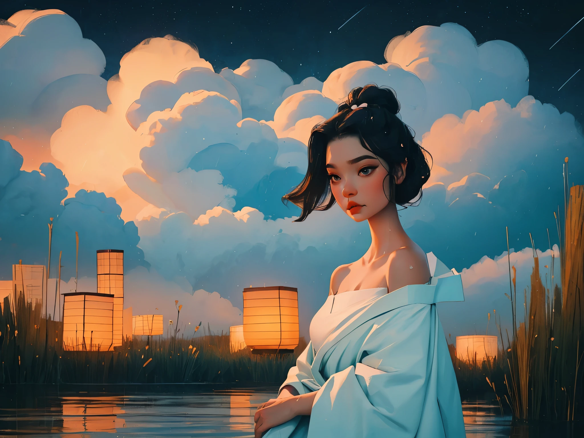 1girl, breasts, moon, lantern, night, solo, large breasts, hair ornament, wet, open kimono, open japanese clothes, wading, water, hair flower, flower, outdoors, sky, cloudy weather, dark clouds, rain, black hair, off shoulder, mountain, cloud, holding, sash, bare shoulders, paper lantern, standing, black kimono, (((night sky))), sideboob, obi, wet clothes, bangs, tree, from side, reflection, short hair, cloudy sky, wet hair (((masterpiece),(extremely detailed CG unity 8k wallpaper),best quality,,solo,1girl,cinematic lighting,detailed background,beautiful detailed eyes,bright pupils, (an extremely delicate and beautiful),(Beautiful and detailed eye description)， ultra-detailed,masterpiece,)), (((at night)))