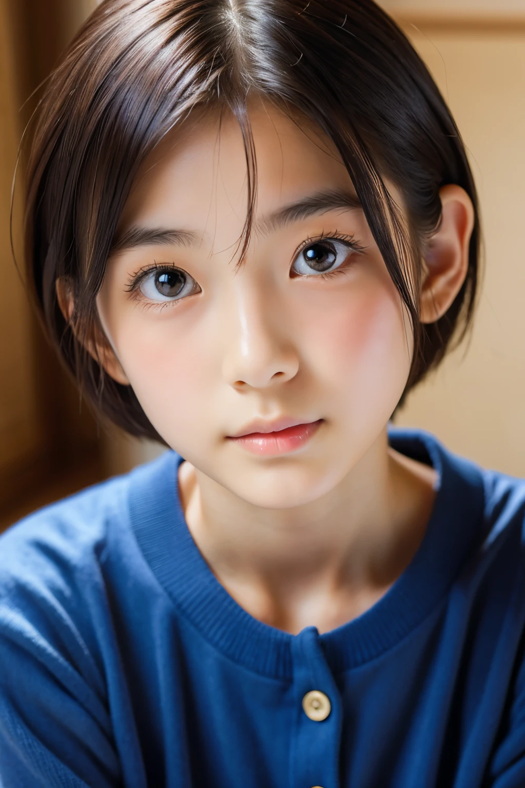 (Beautiful  Japanese female), cute face, (deeply carved face:0.7), (freckles:0.6), soft light,healthy white skin, shy, short hair, (serious face), (sparkling eyes), thin