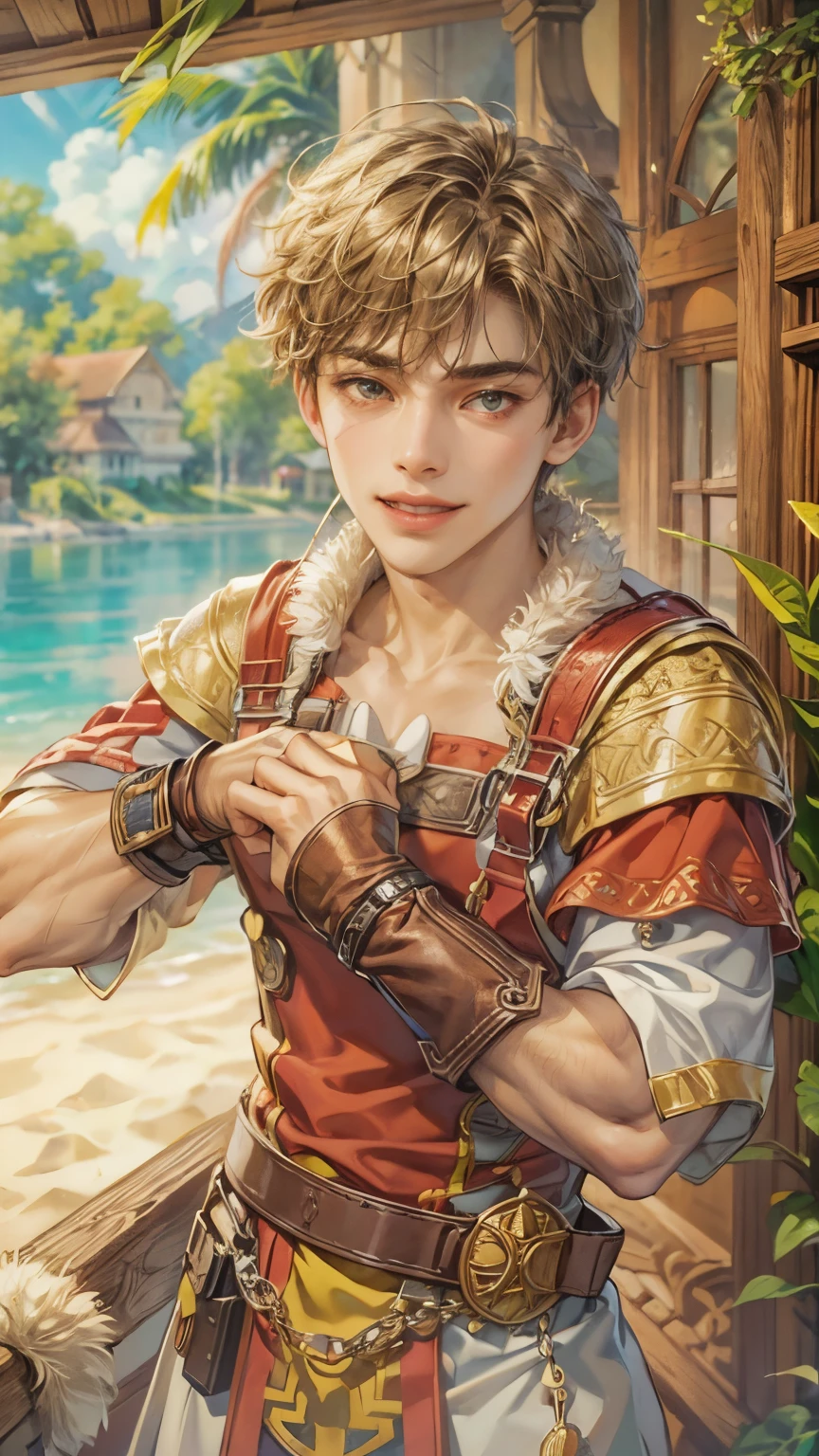 (absurdres, highres, ultra detailed, HDR), masterpiece, intricate details, best quality close-up picture of a character from Ragnarok Online with a perfect face, smile face, an adventurer with handsome looks, cool hero, short hair, anime eyes, matured teen, fantastic outfit showing chest, crop top, detailed Philippine market interiors with window beach scenery, detailed character, art kenouji