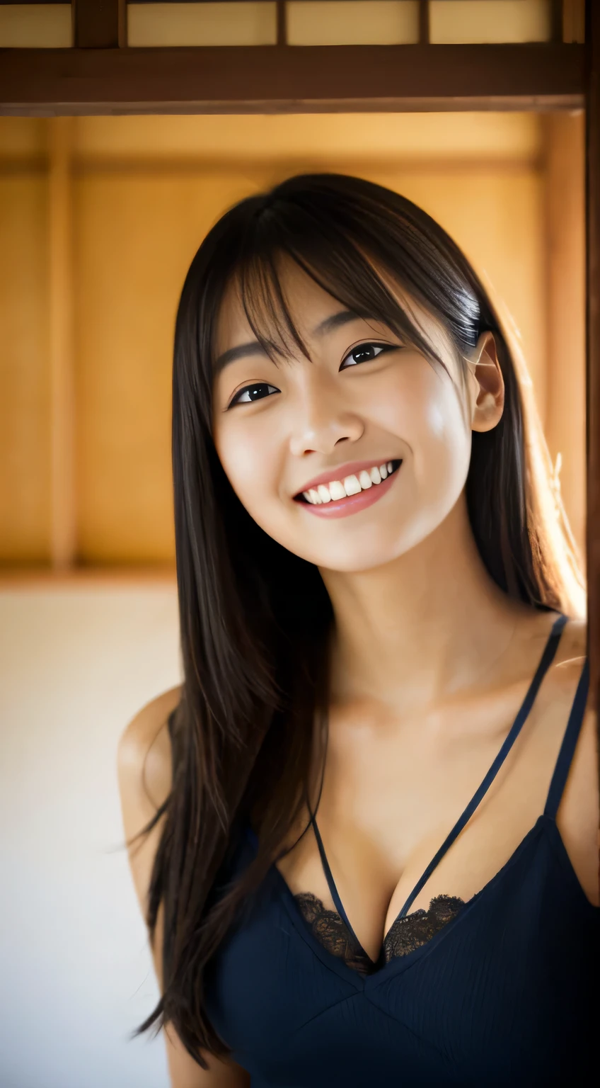 masterpiece,best quality,(Japanese ),((Beautiful girl)),cleavage,indoor,(perfect body beauty:1.2),(shy smile),beautiful teeth,