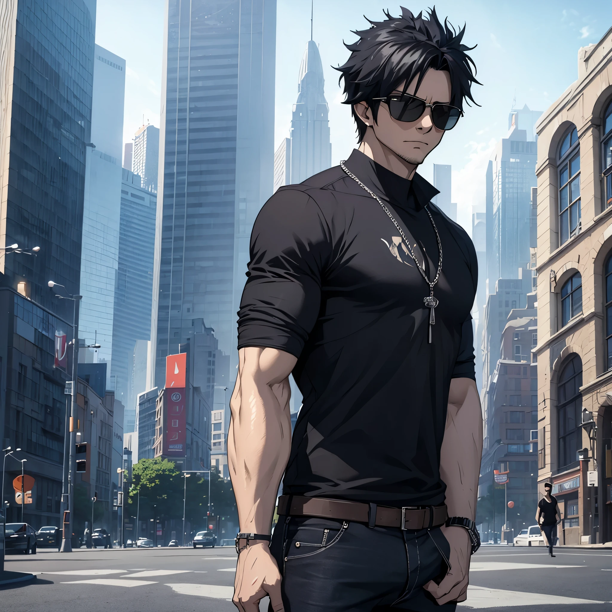 a man wearing a black shirt, blue jeans, wearing sunglasses, muscular, in a modern city, ultra detailed, masterpiece, perfect, ultra resolution, 4k hd