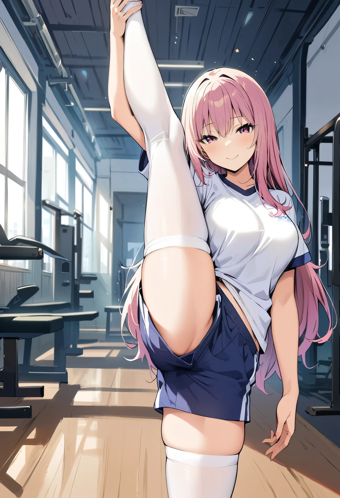 (masterpiece, best quality:1.2), 1girl, solo, standing_split, full body, JK, medium breasts, long hair, looking at viewer, long hair, smile, blue gym shorts, ,gym shirt,short sleeves,(white pantyhose), in gym