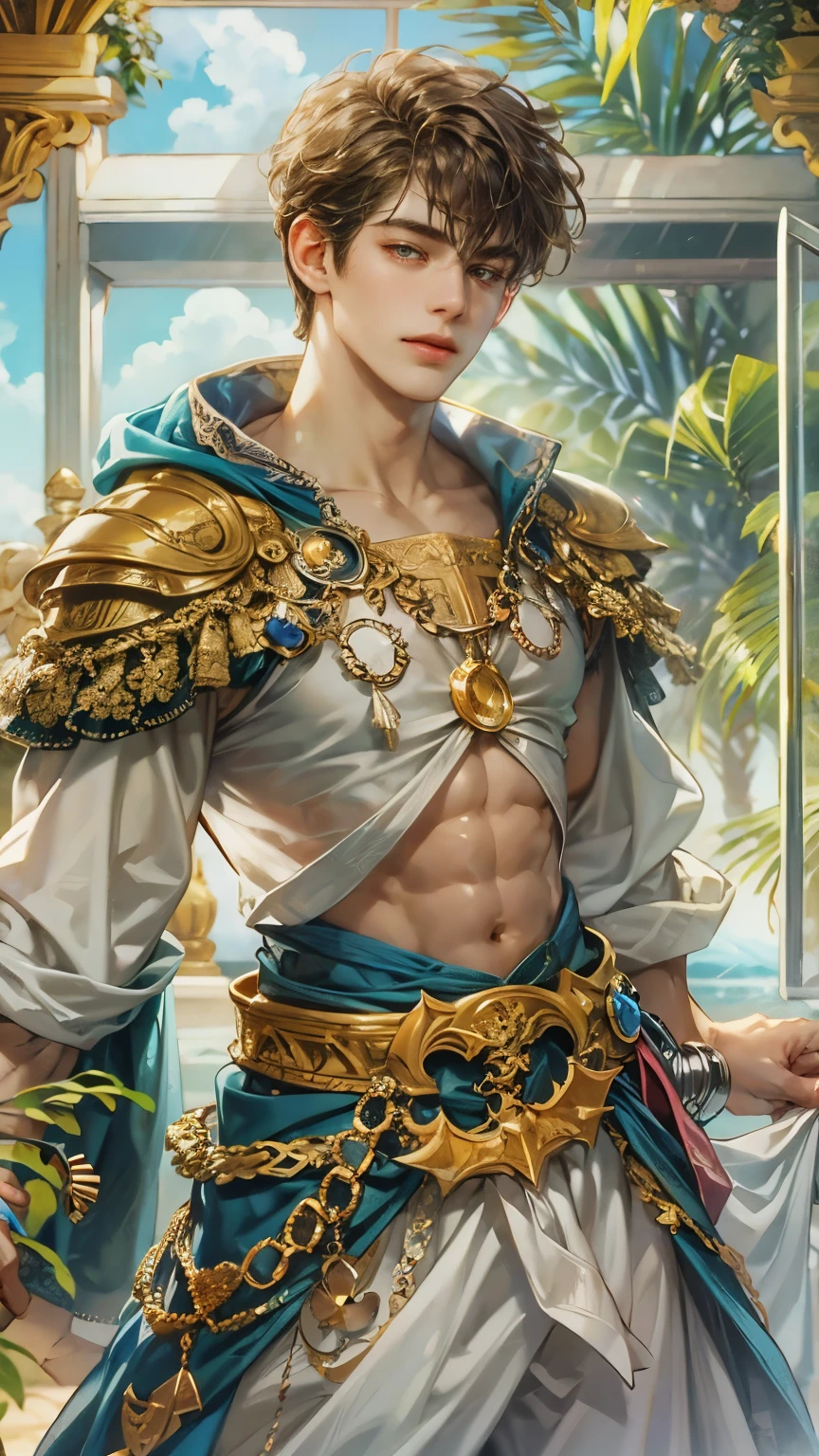 A muscular Korean man is in a wonderland, 20yo, Lleva un rico blanco como la nieve (capa de piel en hombros y espalda) con una pila muy larga, bajo el cual se ve su cuerpo extremadamente musculoso, The emphasis is on the male body. Sobre su cabeza hay un halo rodeado por una nube blanca y una luz sagrada dorada, (Its body is adorned with gold chains with precious stones, Anillos para los dedos), (A heavy belt with a band of gold underwear with sparkling gemstones). Entrepierna voluptuosa. Tiene el pelo corto y negro con las sienes afeitadas y grandes ojos verdes expresivos. Un reloj marca a lo lejos. This scene looks like something out of the realm of fantasy or legend seen from above