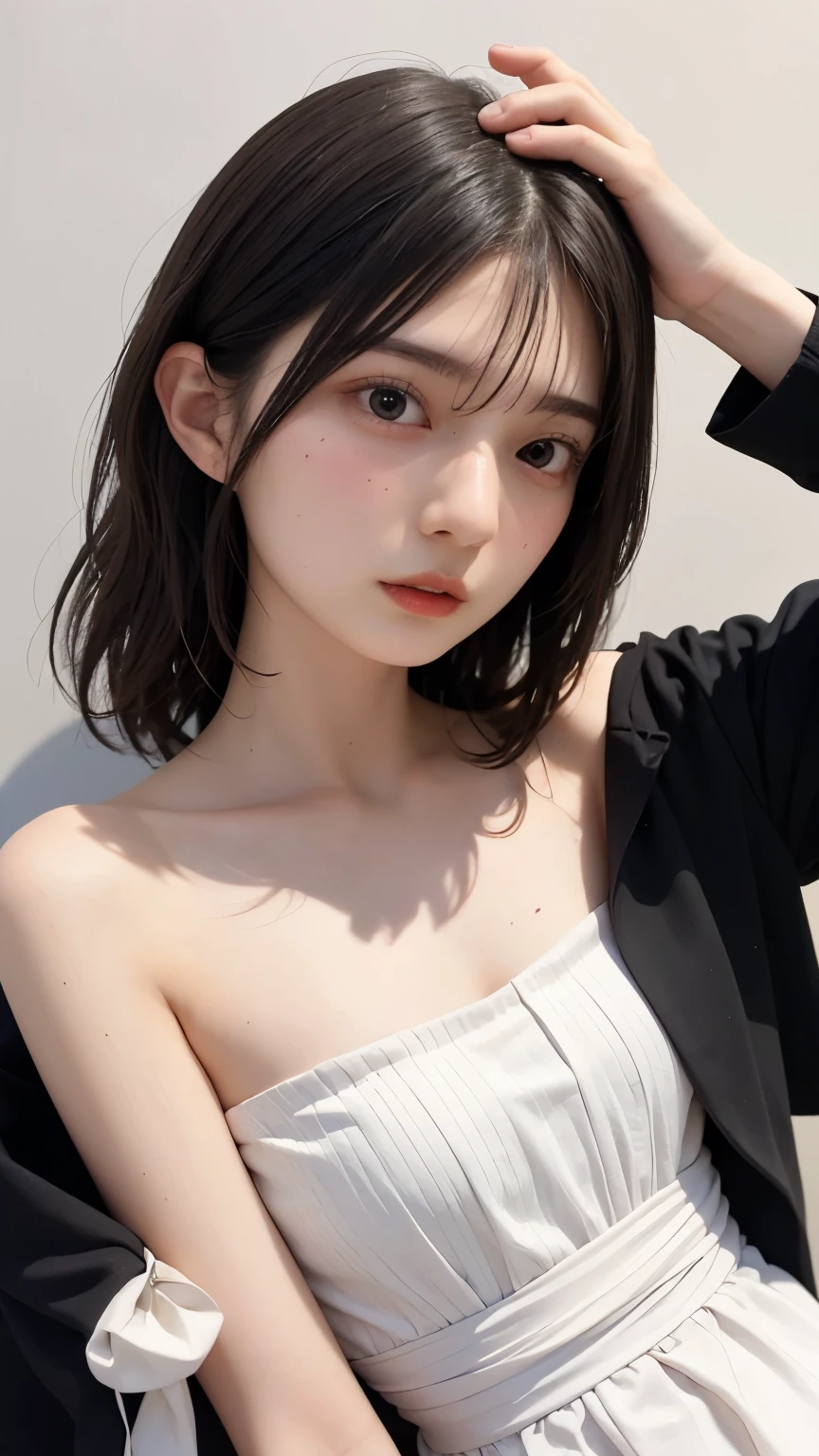 (1 nogizaka girl,masterpiece, best image quality, high quality, ultra high resolution,high resolution,detailed, highly detailed, super detailed,3D render,unreal engine,unity 8K wallpaper:1.3),one girl,Japanese girl,beautiful girl,incredible beautiful girl,(Pueros face_V1:0.4),  (Japanese ,Japanese junior idol,shoot from front,looking at viewer,shoot from below,full body:1.2),disorganized, detailed eyes, detailed skin, beautiful skin,so beautiful,small face,oval face,beautiful eyelashes,detailed eyelashes,detailed face,small details, bright lighting,professional lighting,thin eyebrows,anguish face,clevage