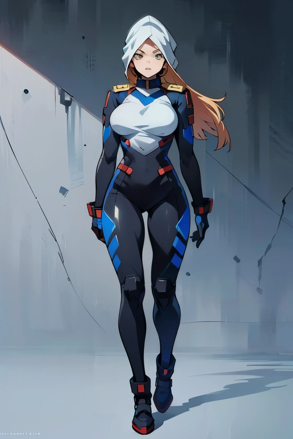 My Hero Academia style, anime Girl, female, trending on artstation pixiv, (full body shot:1.5), wide hips, wide thighs, large breast, head covering, helmet, face covering, mask, hero suit, full body suit, yellow suit, Perfect anatomy, Super Detailed,