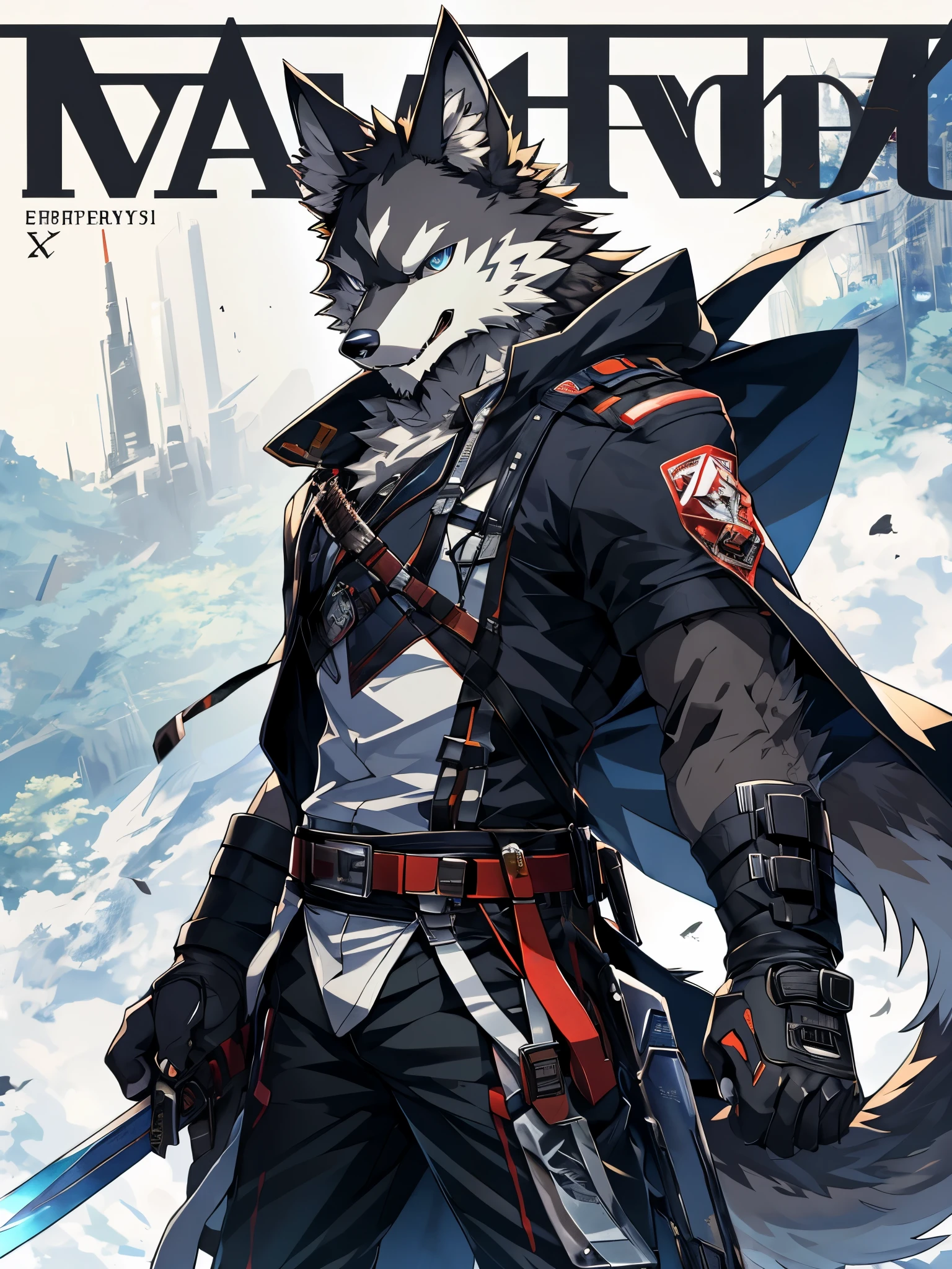 furry, male, anthro, (wolf Tail), Solo, Blue eyes, (Realistic eye details:1.2), (beautiful detailed eyes), anime character, there is a Wolf man with a sword and a cape on a cover of a magazine, anime cover, furry anthro magazine cover, magazine cover book with the title Deyfur, the barcode sign below, from arknights, high detailed official artwork, official artwork, arknights, ssss.Wolfman, hq artwork, best anime 4k konachan wallpaper, official artbook, illustration, official anime artwork, no type, anime style. 8k, 4k anime wallpaper, anime art wallpaper 8 k, 2 d art, 2d art, badass anime 8 k, by Yuumei, anime art wallpaper 4k, full body like, slim body, in a panoramic view, good looking