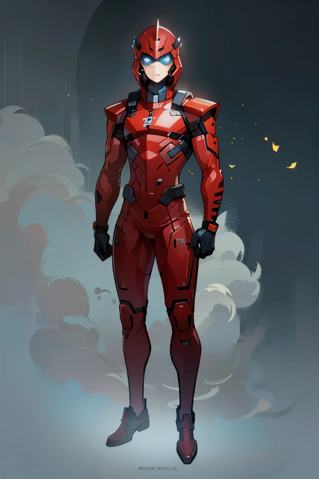 My Hero Academia style, anime boy, male, young male, trending on artstation pixiv, (full body shot:1.5), head covering, helmet, face covering, mask, hero suit, full body suit, (((red suit))), Perfect anatomy, Super Detailed,