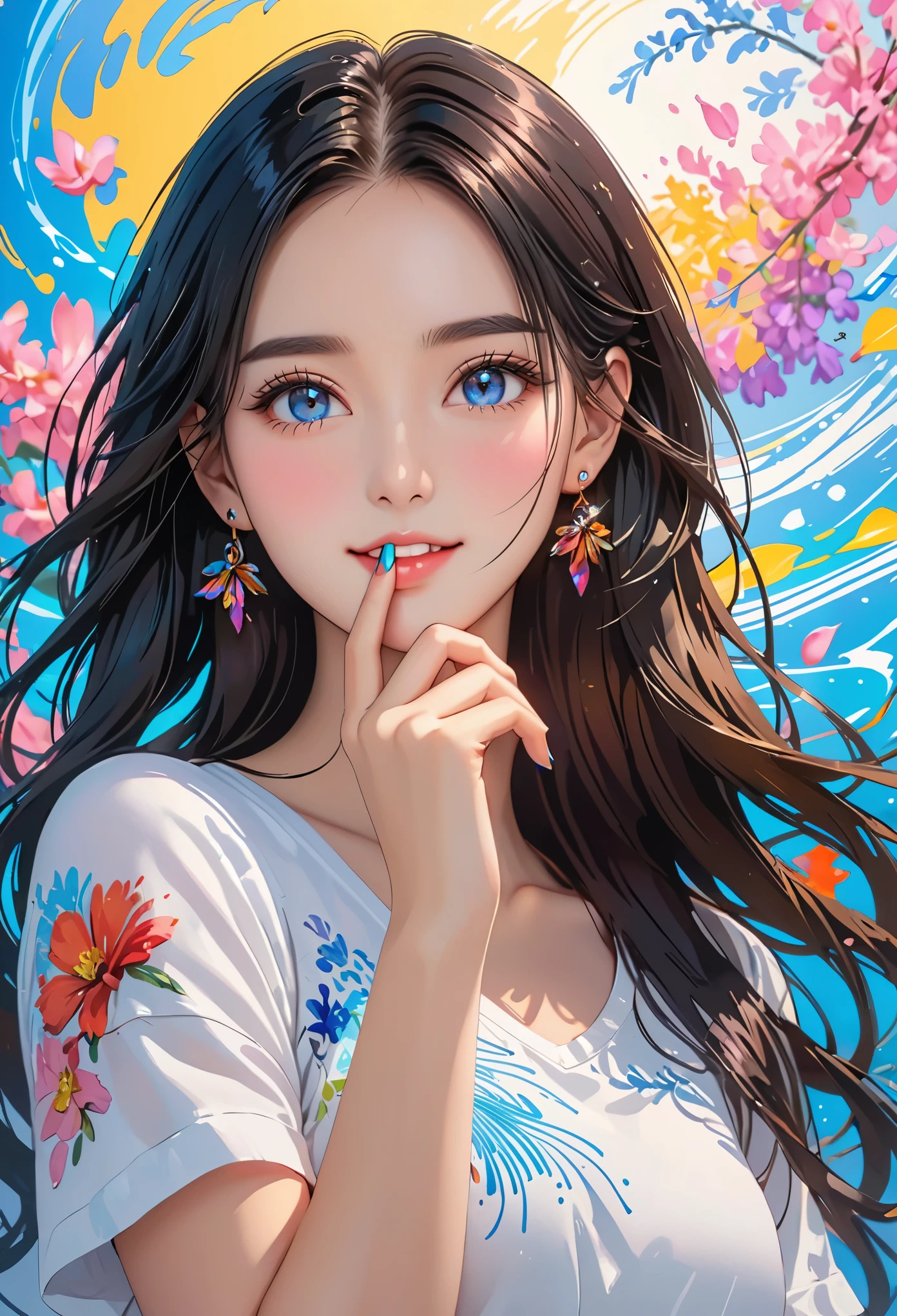 1 girl,glowing eyes,light smile, long hair,black hair,(long hair:1.7),hair ribbon, bracelet, ring, (hand to mouth:1.5),(nail design:1.5),pendant,stud earrings,T-shirt, Exquisite makeup,look at viewer,front,comics,Upper body, acrylic paint, comics,Wind,(petal: 1.4),(Little fresh:1.5),blue background,dynamic angle,(((((vertical drawing:1.6))),(drawing:1.6),Face draw,(8k, 4k, best quality, highres:1.1),(masterpiece),(best quality:1.2),[:intricate details:0.2],((beautiful detailed eyes)),(detailed light),depth of field,masterpiece,high quality,best quality,beautiful,perfect lighting,detailed face,detailed body,(illustration),detailed,highly detailed,hdr, (((Detailed anima face))),((Beautiful and delicate face)),(((surrounded by rich and colorful splashes))),(((high saturation)))