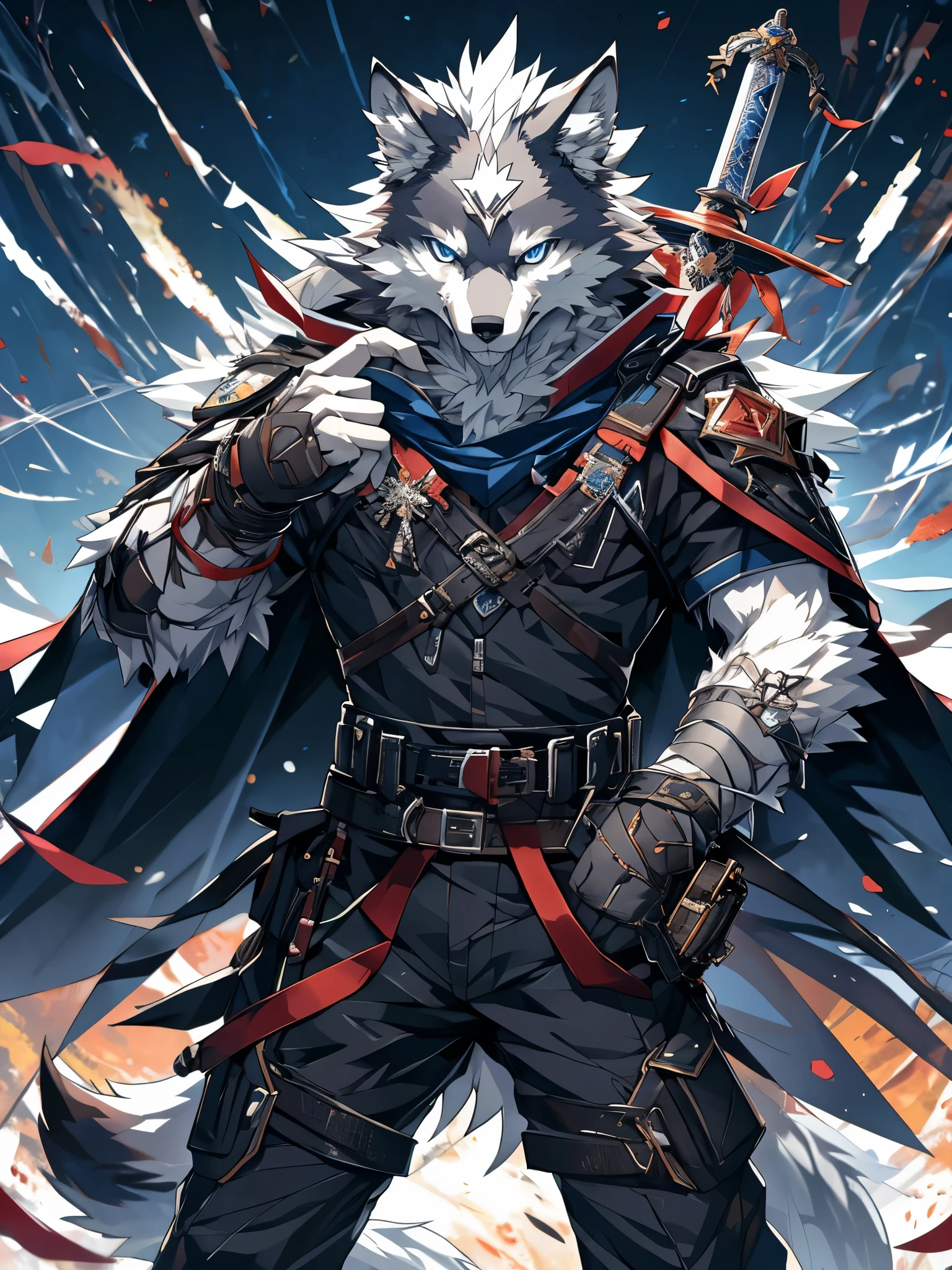 furry, male, anthro, (wolf Tail), Solo, Blue eyes, (Realistic eye details:1.2), (beautiful detailed eyes), anime character, there is a Wolf man with a sword and a cape on a cover of a magazine, anime cover, furry anthro magazine cover, magazine cover book with the title Deyfur, from arknights, high detailed official artwork, official artwork, arknights, ssss.Wolfman, hq artwork, best anime 4k konachan wallpaper, official artbook, illustration, official anime artwork, no type, anime style. 8k, 4k anime wallpaper, anime art wallpaper 8 k, 2 d art, 2d art, badass anime 8 k, by Yuumei, anime art wallpaper 4k, full body like, slim body, in a panoramic view, good looking