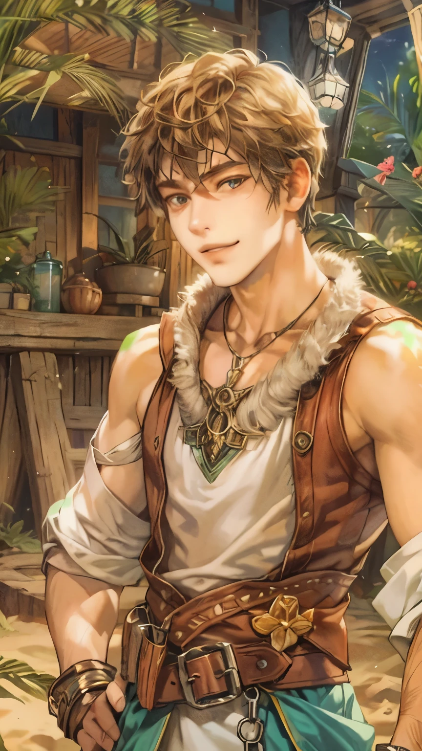 (absurdres, highres, ultra detailed), 1 male, handsome, tall slender guy,masterpiece, best quality, (((1 male))), adult, tall slender, handsome, finely detailed eyes, intricate details, shaggy hair, black hair, green eyes, shirtless, ((brown pants)), background is barn, sitting down, bulge, (seductive), smirking, abs, detailed eyes and detailed face, (short pointy ears) (elf),messy hair, dog collar, slave, best light and shadow, dappled sunlight, day, depth of field, plants, summer, (dutch angle), closed mouth