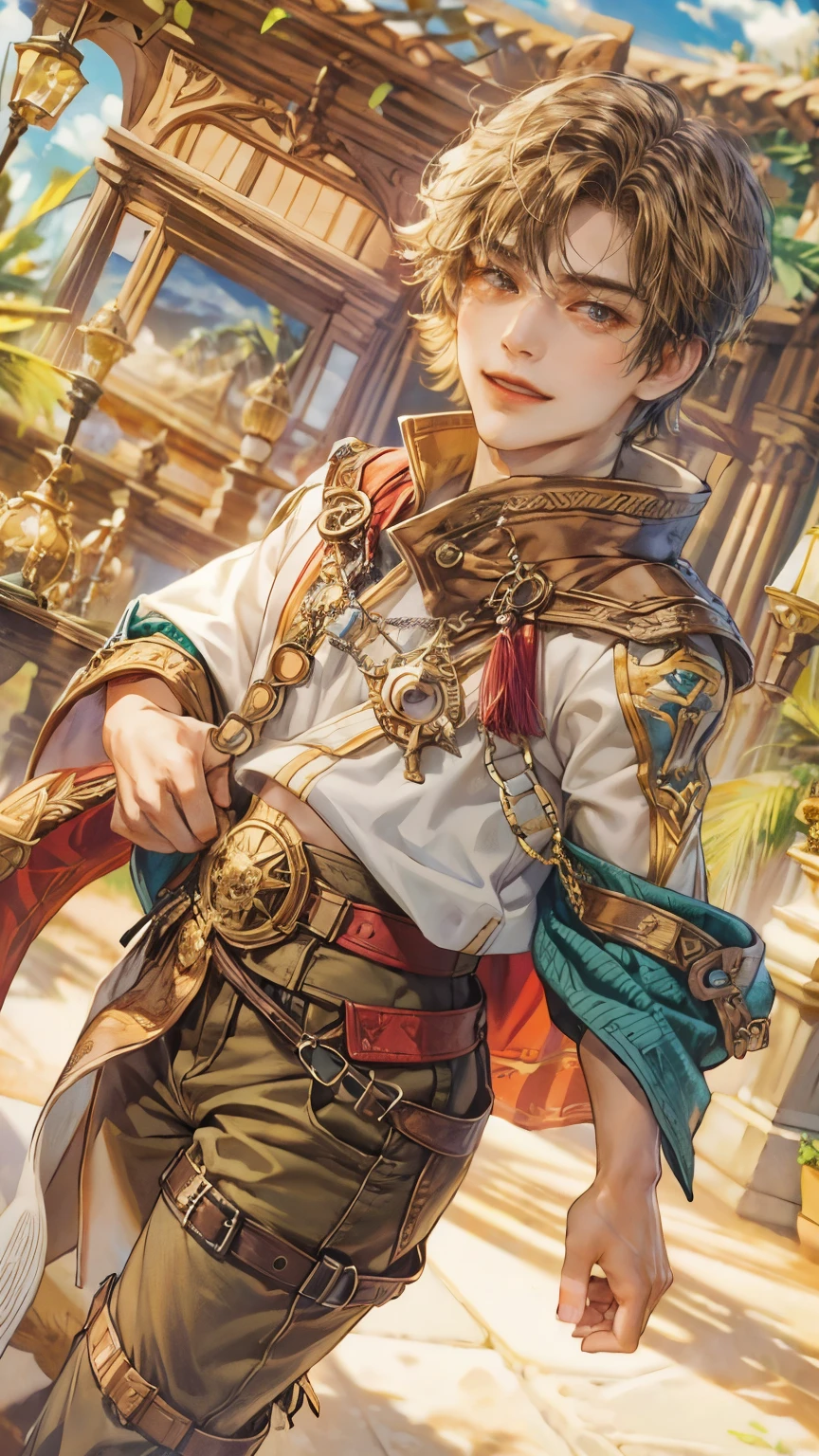 (absurdres, highres, ultra detailed, HDR), masterpiece, intricate details, best quality close-up picture of a character from Ragnarok Online with a perfect face, smile face, an adventurer with handsome looks, cool hero, short hair, anime eyes, matured , fantastic outfit showing chest, crop top, detailed Philippine market interiors with window beach scenery, detailed character, art kenouji