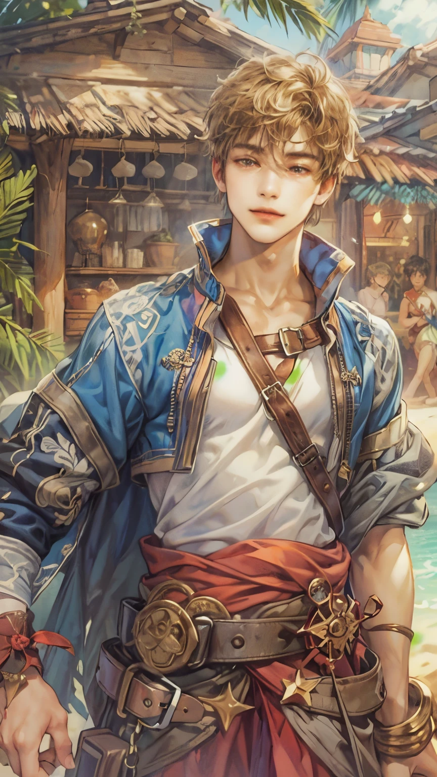 (absurdres, highres, ultra detailed, HDR), masterpiece, intricate details, best quality close-up picture of a character from Ragnarok Online with a perfect face, smile face, an adventurer with handsome looks, cool hero, short hair, anime eyes, matured teen, fantastic outfit showing chest, crop top, detailed Philippine market interiors with window beach scenery, detailed character, art kenouji