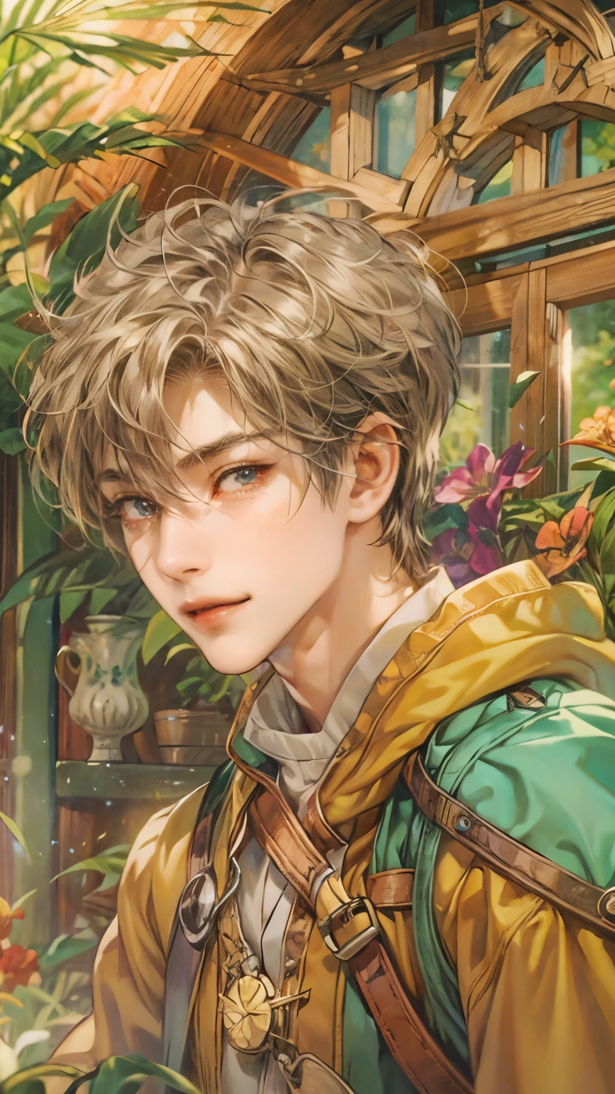 (absurdres, highres, ultra detailed, HDR), masterpiece, intricate details, best quality close-up picture of a character from Ragnarok Online with a perfect face, smile face, an adventurer with handsome looks, cool hero, short hair, anime eyes, matured , fantastic outfit showing chest, crop top, detailed Philippine market interiors with window beach scenery, detailed character, art kenouji