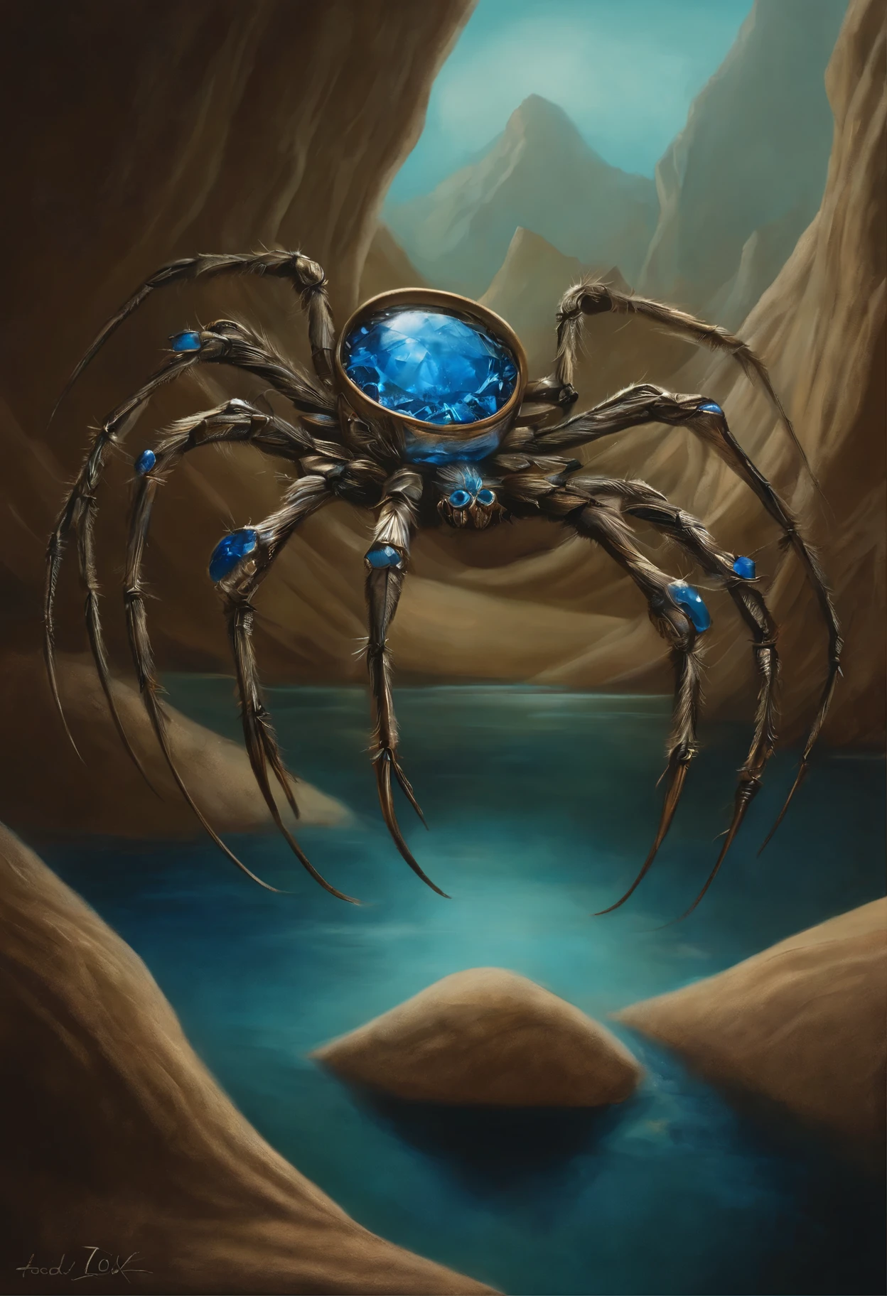 a metal Spider dune painting with blue gems by Todd Lockwood, Art Station Contest Winner, fantasy art, , Spider , Senior Conceptual Artist,