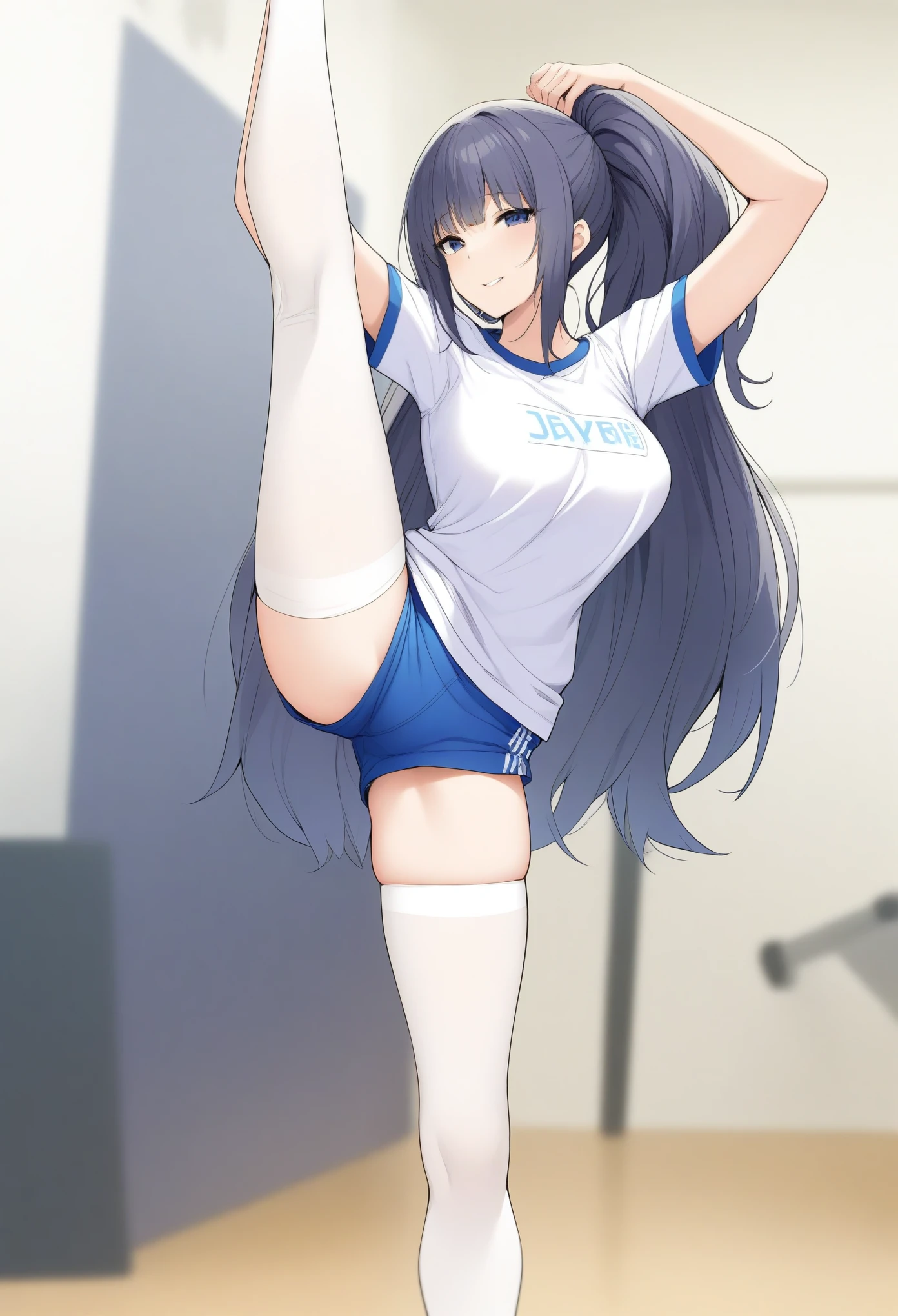 (masterpiece, best quality:1.2), 1girl, solo, standing_split, full body, JK, medium breasts, long hair, looking at viewer, long hair, smile, blue gym shorts, ,gym shirt,short sleeves,(white pantyhose), in gym