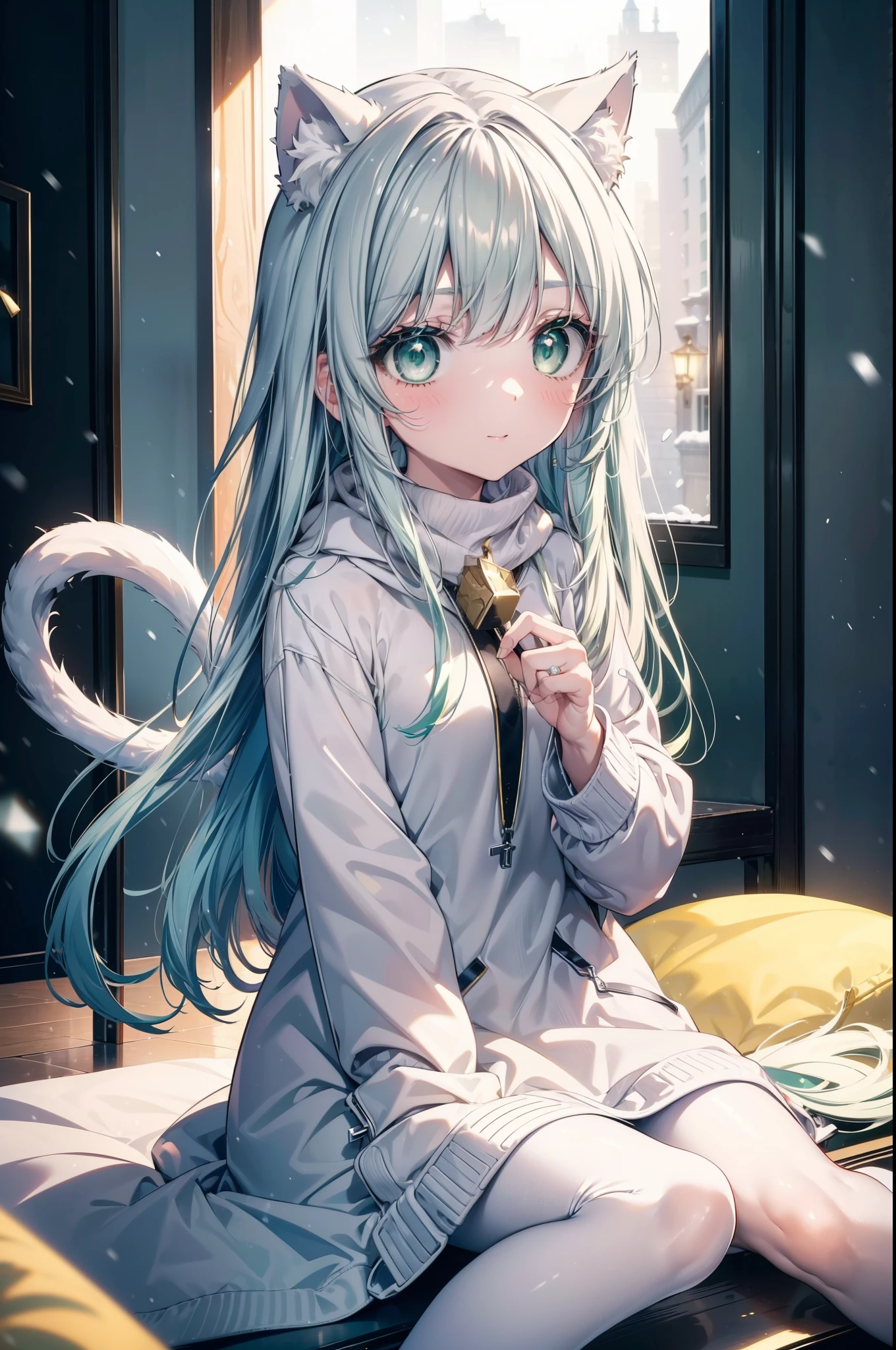 index, index, (green eyes:1.5), silver hair, long hair, (flat chest:1.2),Cat ear,cat tail,blush,smile,open your mouth,gray handbag,yellow long coat, white hoodie, black long skirt,black pantyhose,Mini Boots,winter,night,cold sky,snow is scattered,It&#39;s snowing,background　big christmas tree,
break looking at viewer, Upper body, whole body,
break indoors, In town,building street,
break (masterpiece:1.2), highest quality, High resolution, unity 8k wallpaper, (figure:0.8), (detailed and beautiful eyes:1.6), highly detailed face, perfect lighting, Very detailed CG, (perfect hands, perfect anatomy),