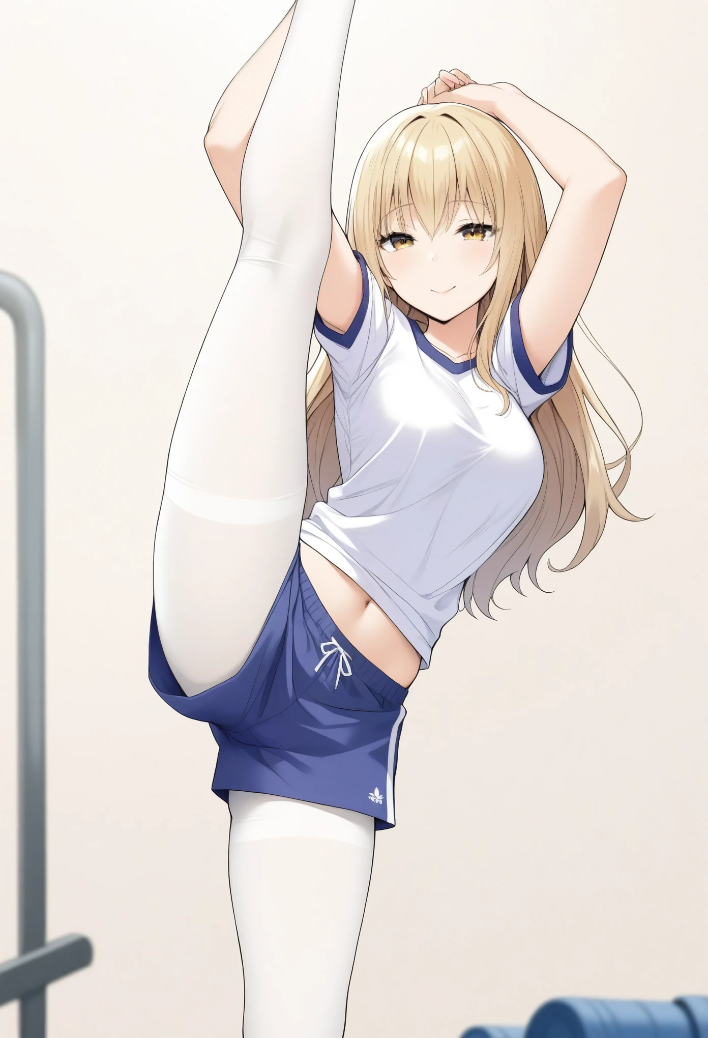 (masterpiece, best quality:1.2), 1girl, solo, standing_split, full body, JK, medium breasts, long hair, looking at viewer, long hair, smile, blue gym shorts, ,gym shirt,short sleeves,(white pantyhose), in gym