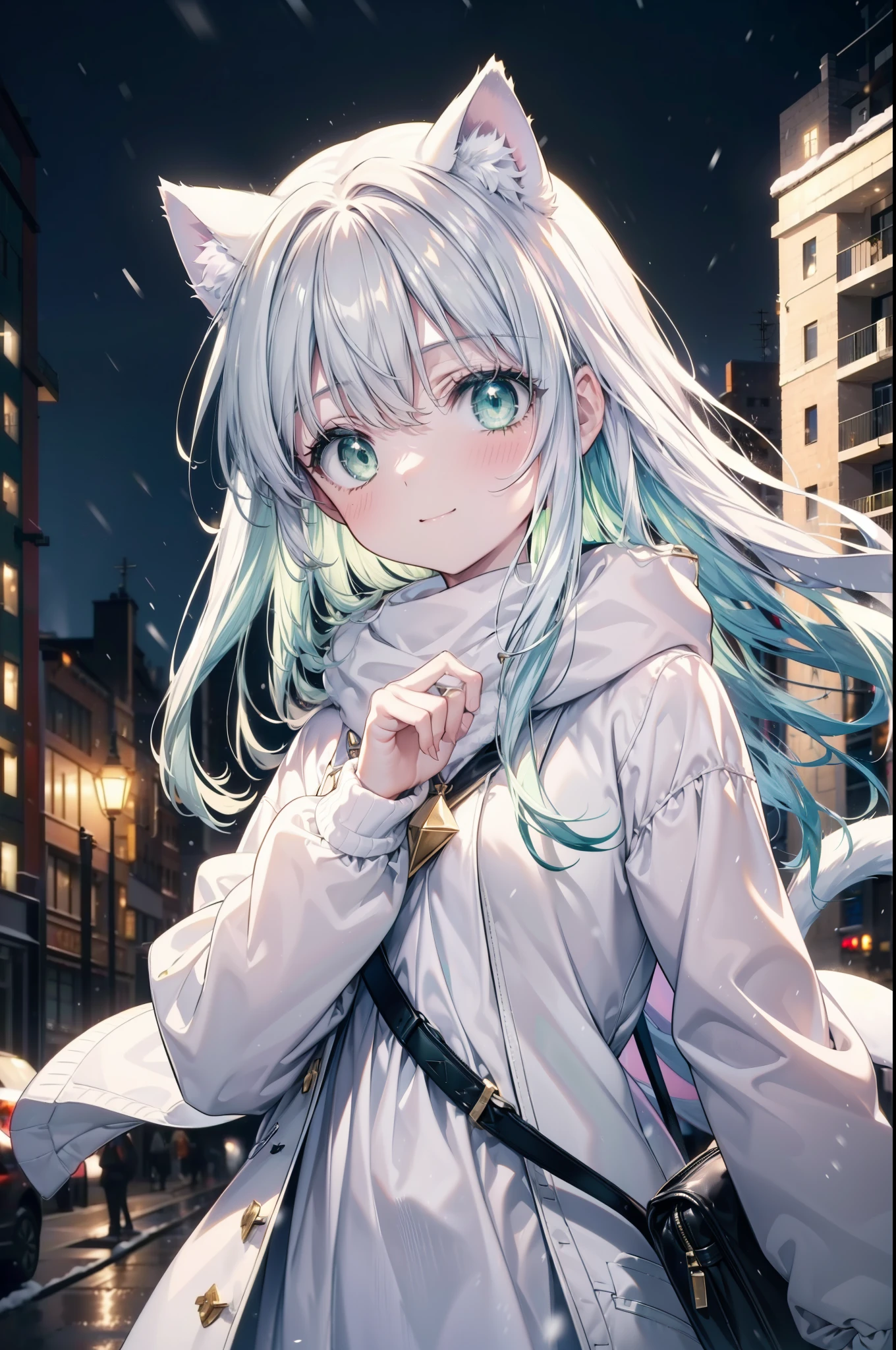 index, index, (green eyes:1.5), silver hair, long hair, (flat chest:1.2),Cat ear,cat tail,blush,smile,open your mouth,gray handbag,yellow long coat, white hoodie, black long skirt,black pantyhose,Mini Boots,winter,night,cold sky,snow is scattered,It&#39;s snowing,background　big christmas tree,
break looking at viewer, Upper body, whole body,
break indoors, In town,building street,
break (masterpiece:1.2), highest quality, High resolution, unity 8k wallpaper, (figure:0.8), (detailed and beautiful eyes:1.6), highly detailed face, perfect lighting, Very detailed CG, (perfect hands, perfect anatomy),