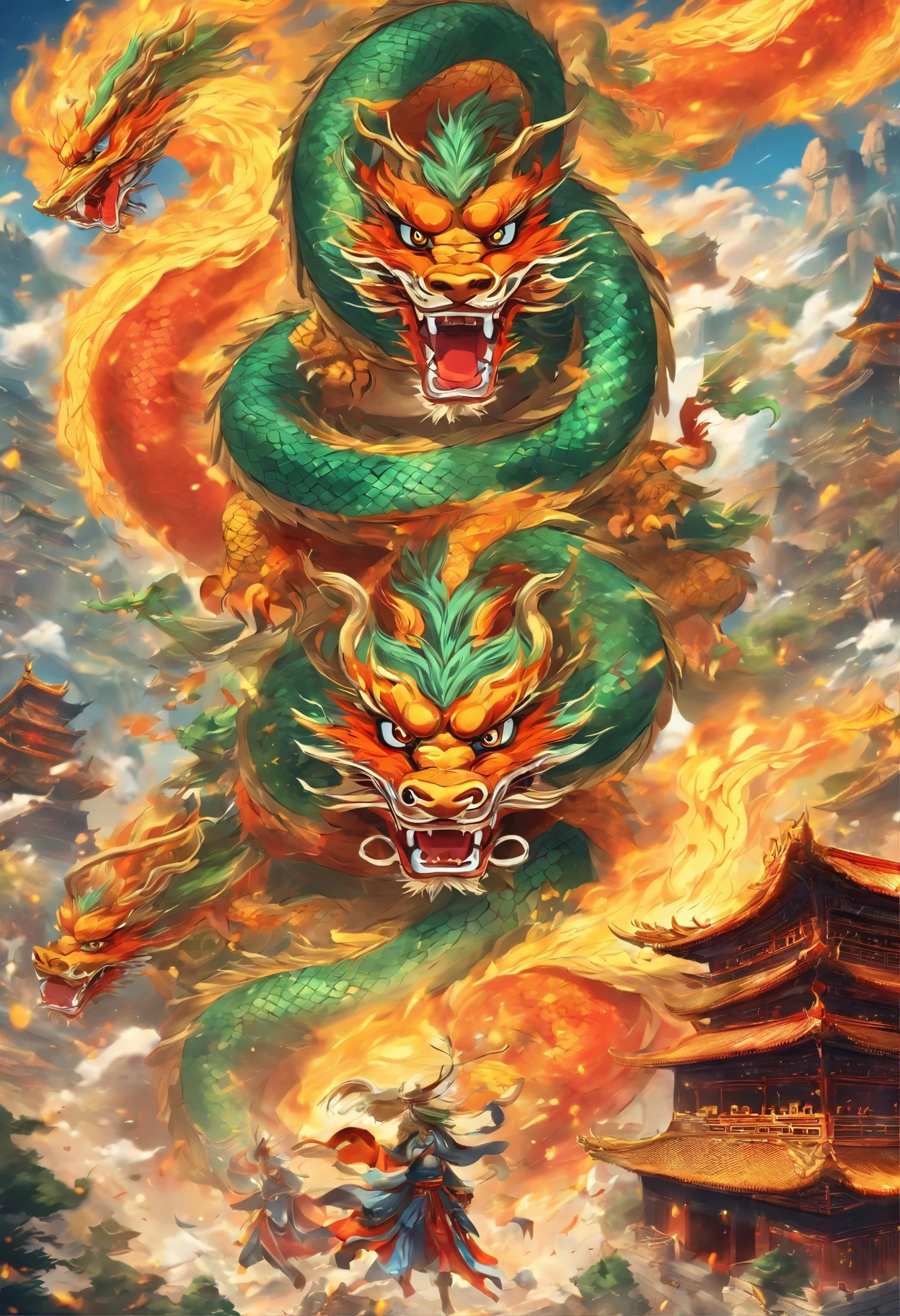 1 Chinese Taoist and Chinese Dragon Battle Castle,Three View,Front view,Rear view,side view