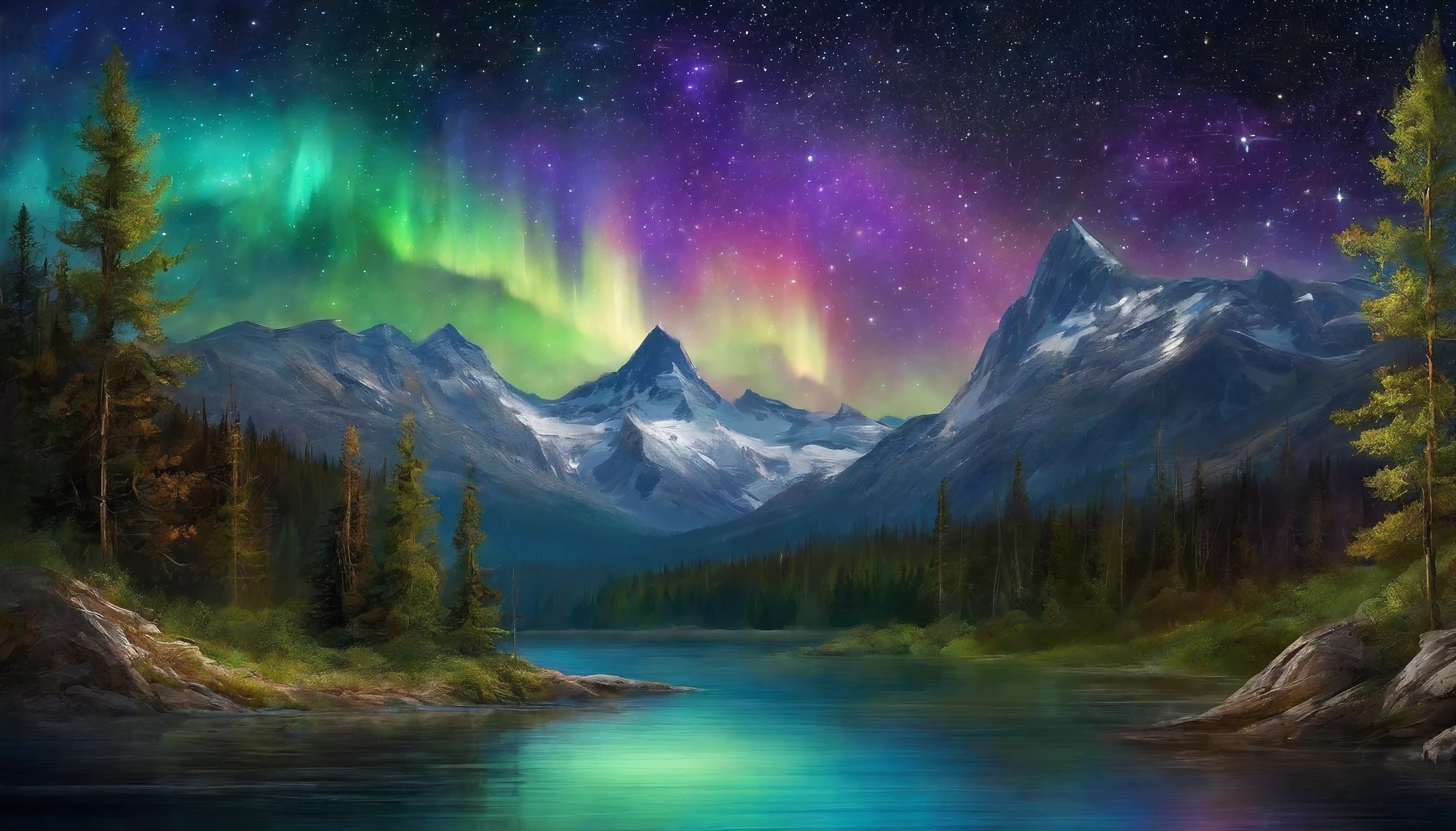 Design an enchanting night landscape featuring a serene mountain lake, reflecting the dazzling array of stars above. The sky is a deep indigo, alive with the glow of the Milky Way, stretching across the horizon. On one side of the lake, towering mountains silhouette against the sky, while on the other, a dense forest whispers the secrets of the night. Incorporate the aurora borealis weaving through the starry sky with vibrant hues of green and purple, adding a magical aura to the entire scene. The overall image should evoke a sense of tranquility and awe at the universe's vast beauty