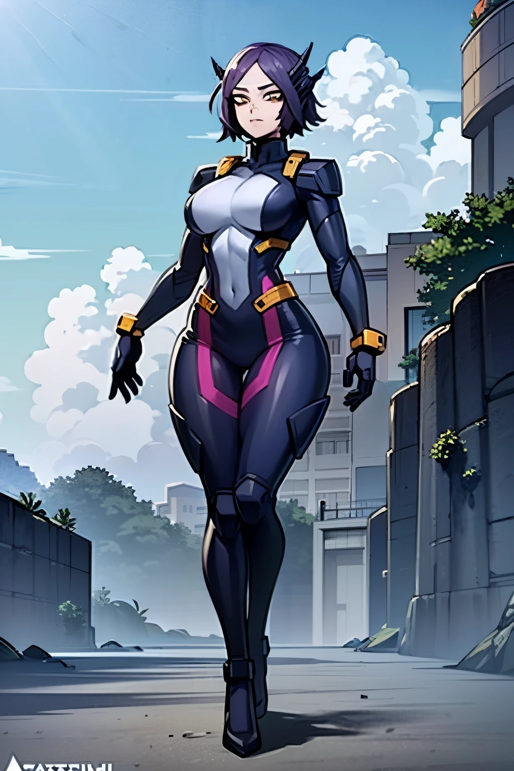 My Hero Academia style, anime Girl, female, trending on artstation pixiv, (Full body shot:1.5), wide hips, wide thighs, large breast, head covering, helmet, face covering, mask, Purple hair, short hair, yellow eyes, hero costume, full body suit, Perfect Anatomy, Super Detailed,