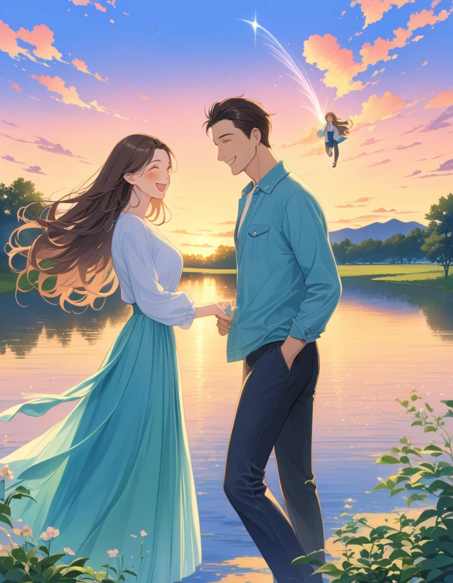 dusk landscape, sunset,pond,masterpiece, Japanese cartoons, kawaii, Lovely, Romantic, best quality, 2other, couple, Mature, aldult, height difference, different fashion, different color, Casual Wear, long sleeve, Smile, happy, like, whirlwind, blue sky, long hair man, light brown hair man, dark haired woman, dark haired woman