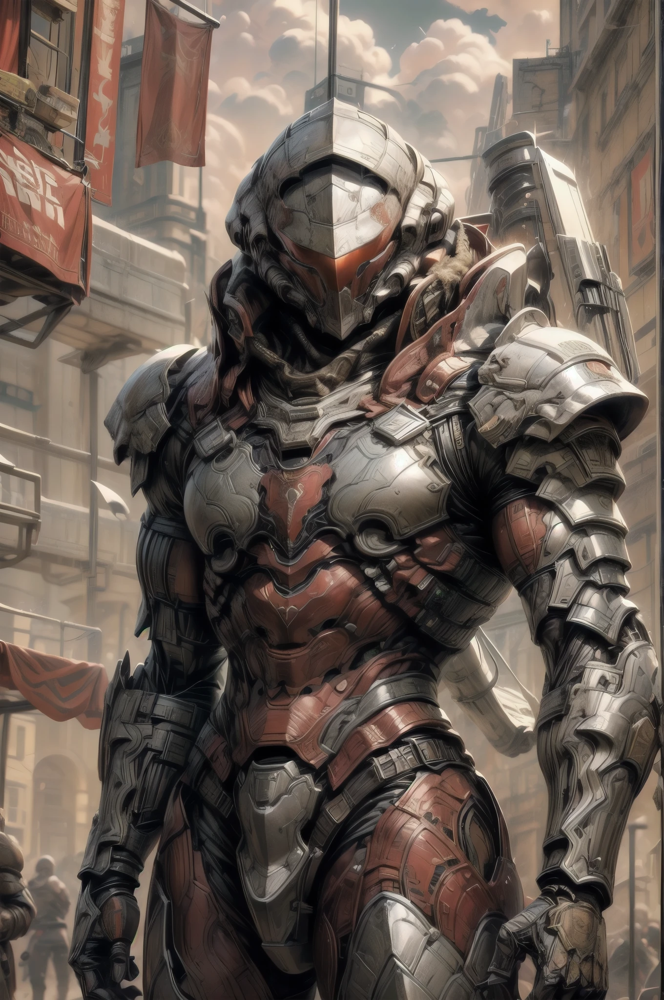 (((epic and visually stunning complex digital anime masterpiece:1.6, elegant decorated tactical military cyborg:1.3, ((gorgeous feminine male physique:1.3, graceful:1.4)) space soldier:1.3))), (((heavily muscled masculine chest:1.4, chiseled abs:1.4, heavily toned:1.4, slim yet muscular:1.3))), (((complex and beautiful:1.3, tactical:1.3, stunning scifi fantasy style:1.5, beautiful scifi style mechanical helmet:1.5, polarized visor:1.5))), (((elegant tactical double breasted trench coat:1.5, sleek exoskeleton:1.3))), (((form fitted armor plating:1.3, super sleek sensually revealing under suit:1.5, waist and thighs exposed:1.5)), ((flamboyant feminine essence:1.4, heavy mechanical gothic aesthetic:1.4)), ((androgynous body build)), (((toned yet heavily muscled gorgeous femboy physique:1.4, gorgeous perfectly defined muscles:1.4, toned sleek mechanical arms and legs:1.4, thick well rounded thighs:1.5, mechanical muscles))), ((((depth of field, cinematic lighting, chromatic aberration, ray tracing, UHD, masterpiece, top of head covered, super detail, high details, high quality, award winning, 8k, highres)))):1.6, (((dieselpunk, decopunk, artificial muscle))):1.6, (((beautifully engraved artdeco scifi style design:1.4, red and white armor:1.4)))