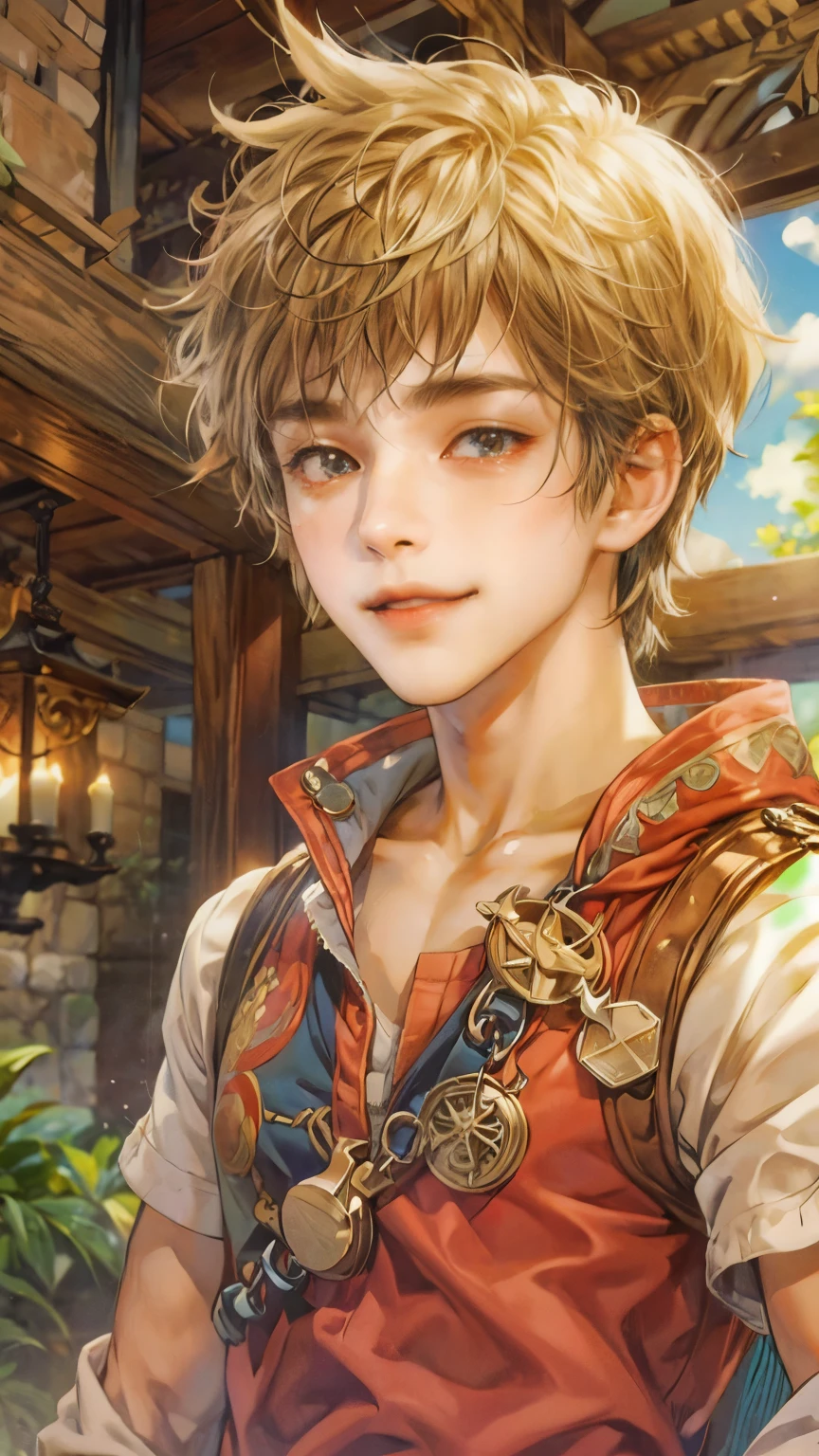 (absurdres, highres, ultra detailed, HDR), masterpiece, intricate details, best quality close-up picture of a character from Ragnarok Online with a perfect face, smile face, an adventurer with handsome looks, cool hero, short hair, anime eyes, matured teen, fantastic outfit showing chest, crop top, detailed Philippine market interiors with window beach scenery, detailed character, art kenouji