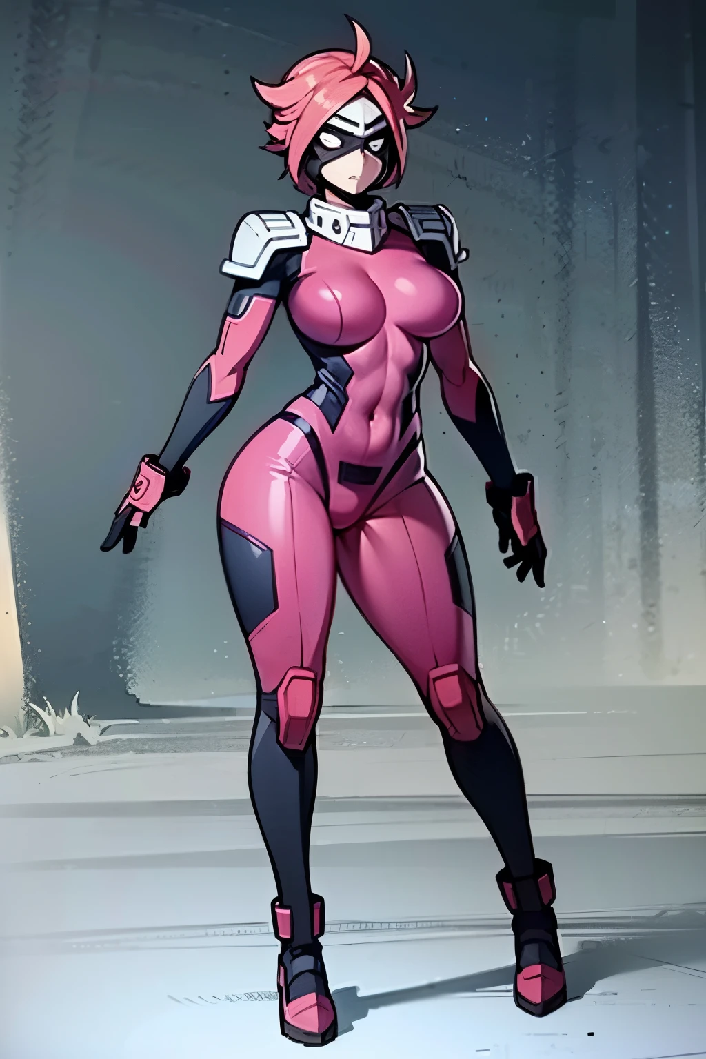 My Hero Academia style, anime Girl, female, trending on artstation pixiv, (full body shot:1.5), wide hips, wide thighs, large breast, head covering, helmet, face covering, mask, hero suit, full body suit, pink suit, Perfect anatomy, Super Detailed,