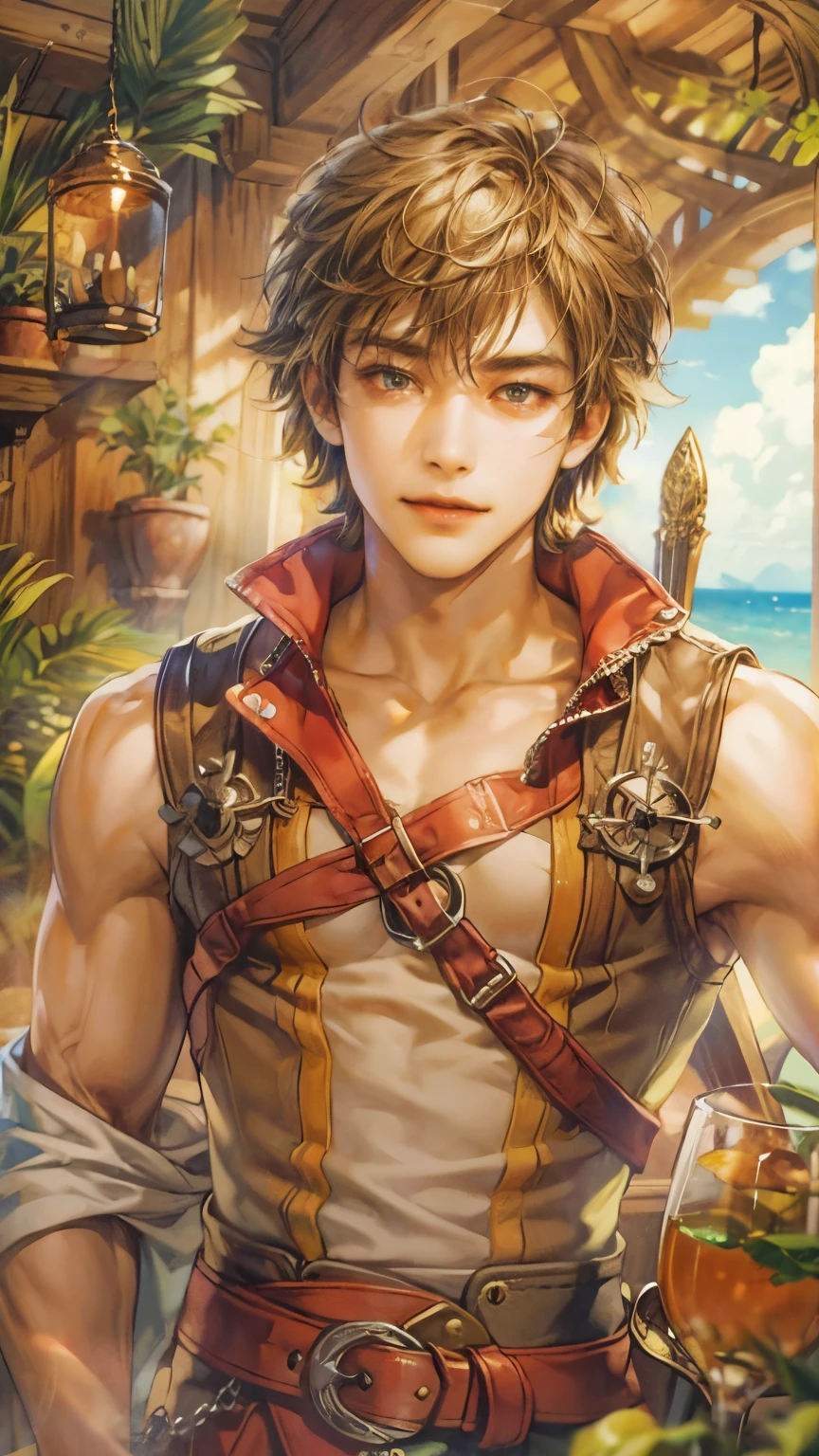 (absurdres, highres, ultra detailed, HDR), masterpiece, intricate details, best quality close-up picture of a character from Ragnarok Online with a perfect face, smile face, an adventurer with handsome looks, cool hero, short hair, anime eyes, matured teen, fantastic outfit showing chest, crop top, detailed Philippine market interiors with window beach scenery, detailed character, art kenouji