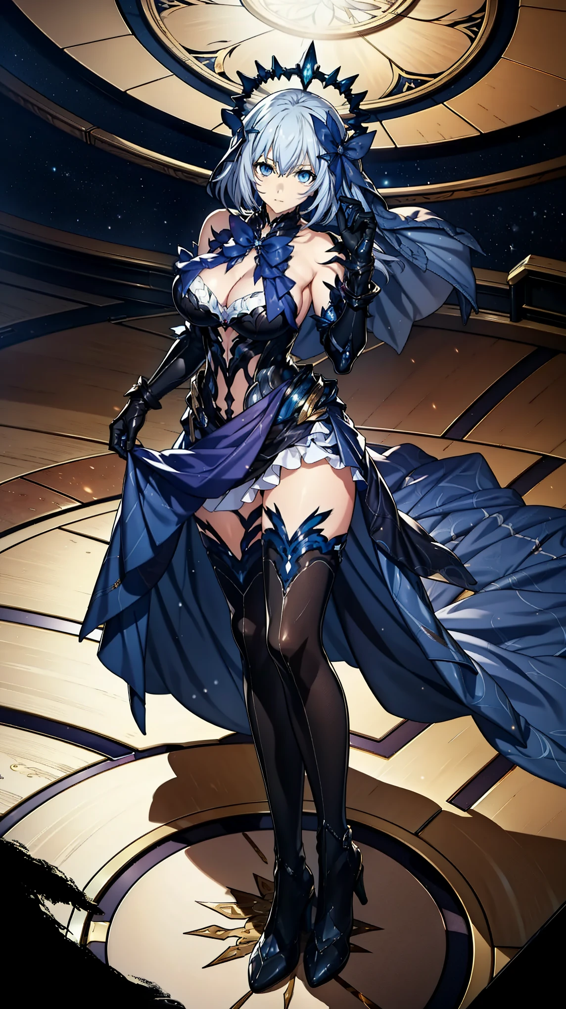 Masterpiece, high quality, 8k, ultra detailed, detailed face, huge breast, standing, detail face, detail body, thigh, fantasy, anime, official art, drk1, splash art style