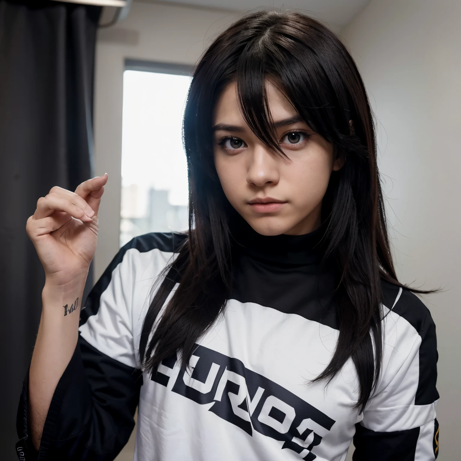 Un personaje masculino al estilo anime de Boku no hero academia, usando el uniforme de la Yuei, cabello oscuro, usando su Quirk de copia, copiando otro quirk y mejorandolo