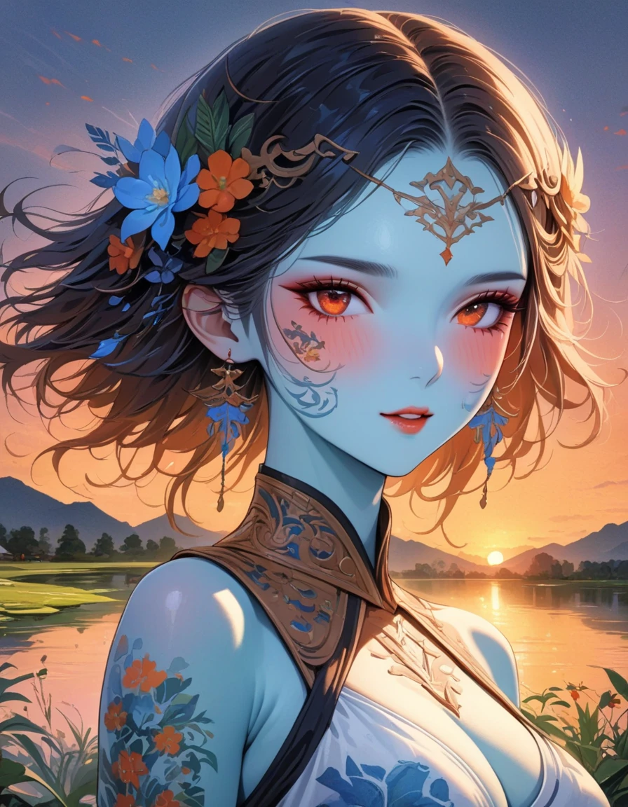 (((masterpiece))), (((best quality: 1.4))), ((Super details: 1.4)) , dusk landscape, sunset,pond,Super detailed gouache painting of a female tiefling, Gorgeous exotic features, Amber neon eyes:1.5, orange hair, Ultra-detailed facial features, expressive face, Detailed texture, blue skin color, tattoo, natural skin shader, Volume measurement, warm undertones under her skin, ultra high resolution