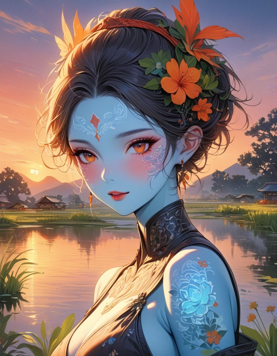(((masterpiece))), (((best quality: 1.4))), ((Super details: 1.4)) , dusk landscape, sunset，pond，Super detailed gouache painting of a female tiefling, Gorgeous exotic features, Amber neon eyes:1.5,  orange hair, Ultra-detailed facial features, expressive face, Detailed texture, blue skin color, tattoo, natural skin shader, Volume measurement, warm undertones under her skin, ultra high resolution